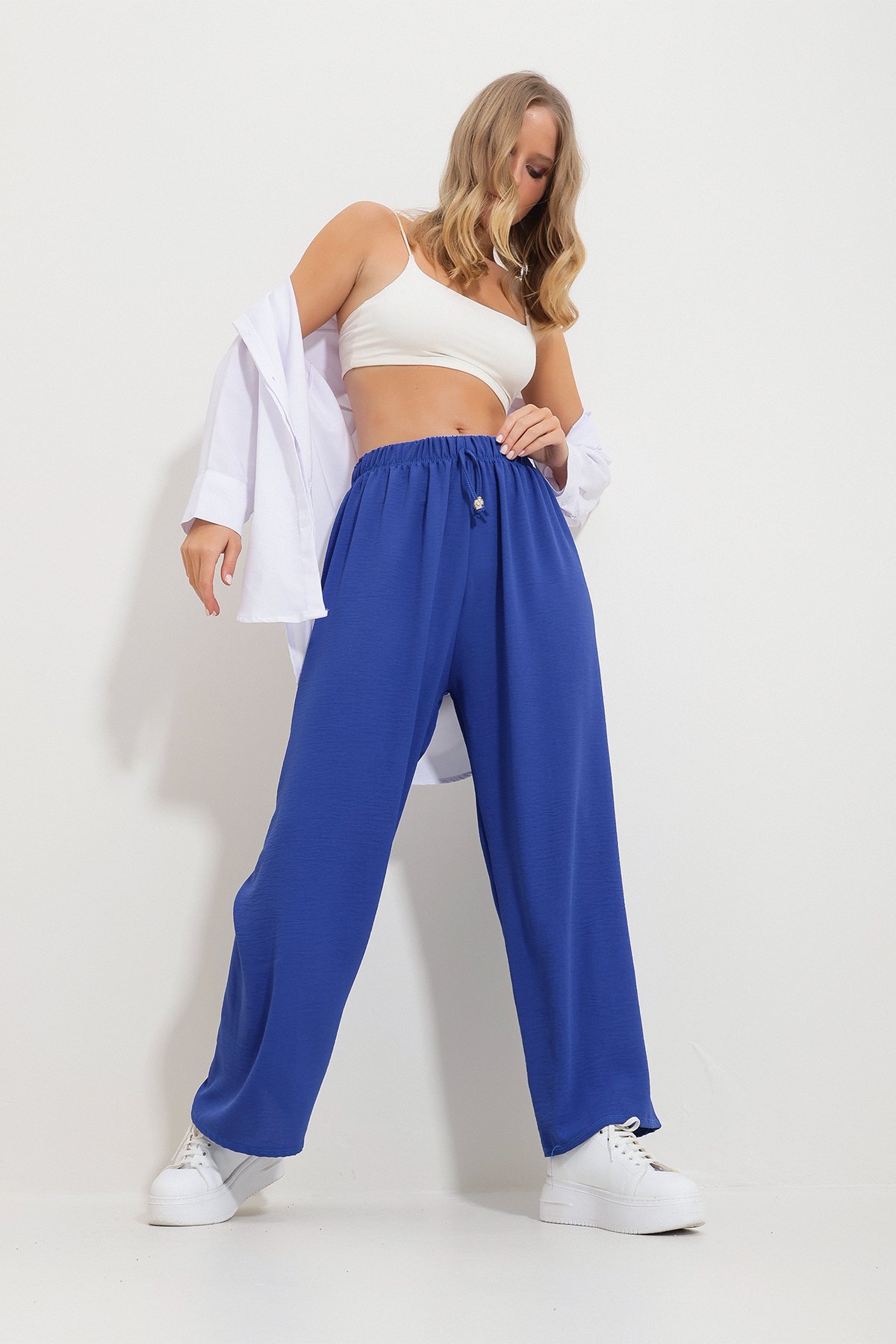 Beli Lastikli Rahat Kesin Aerobin Pantolon - Saks Mavisi