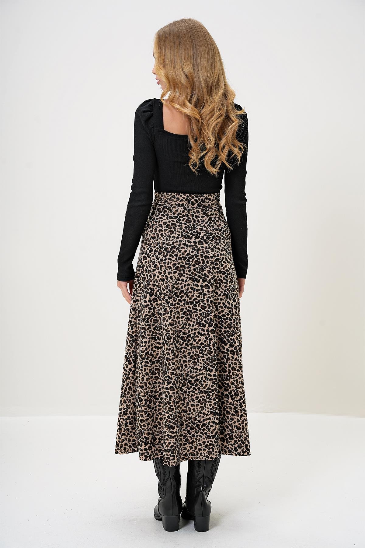 BELİ LASTİKLİ SÜET DOKULU LEOPAR DESENLİ UZUN ETEK - Leopar
