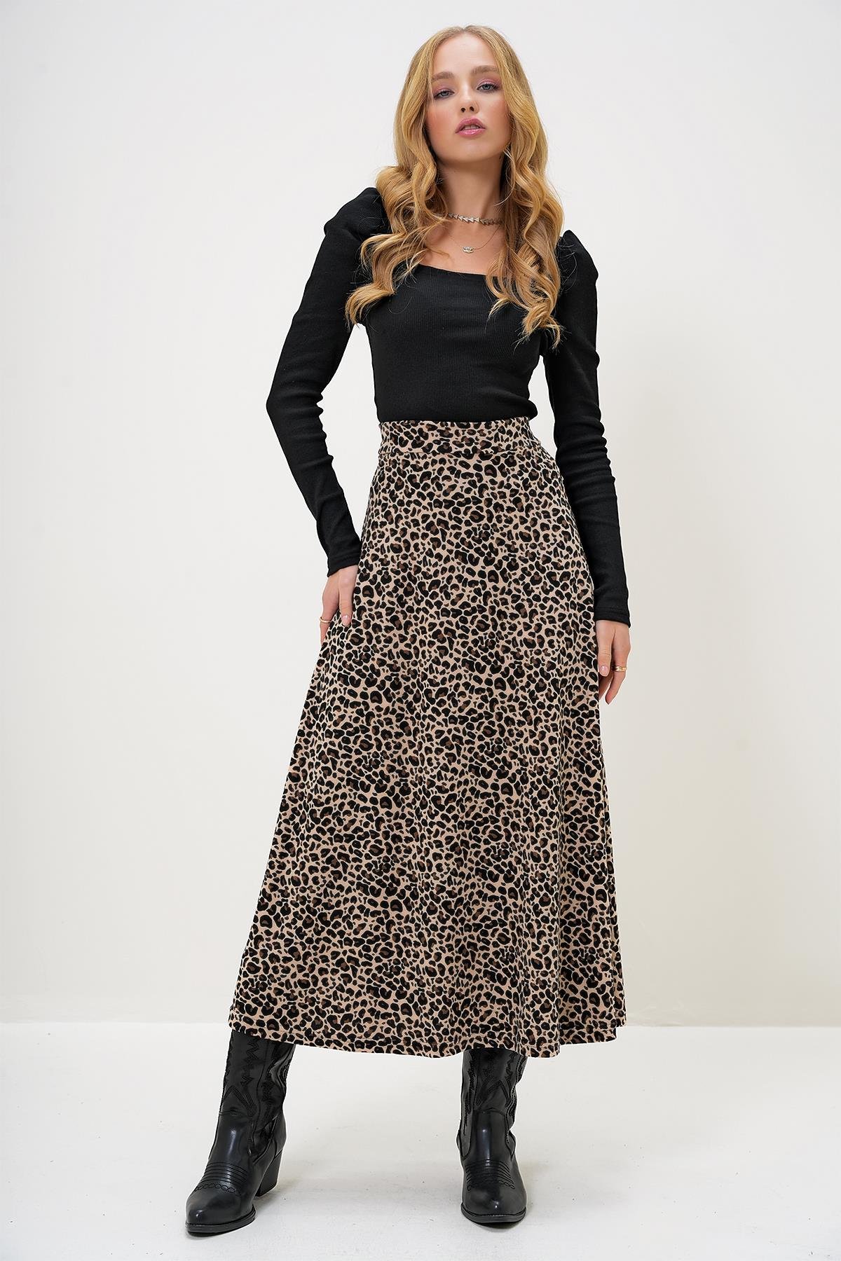 BELİ LASTİKLİ SÜET DOKULU LEOPAR DESENLİ UZUN ETEK - Leopar