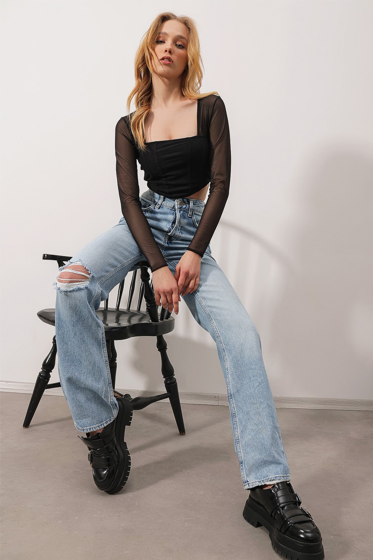 Beş Cepli Yüksek Bel Dizi Yırtıklı Wide Leg Jean Pantolon - Mavi