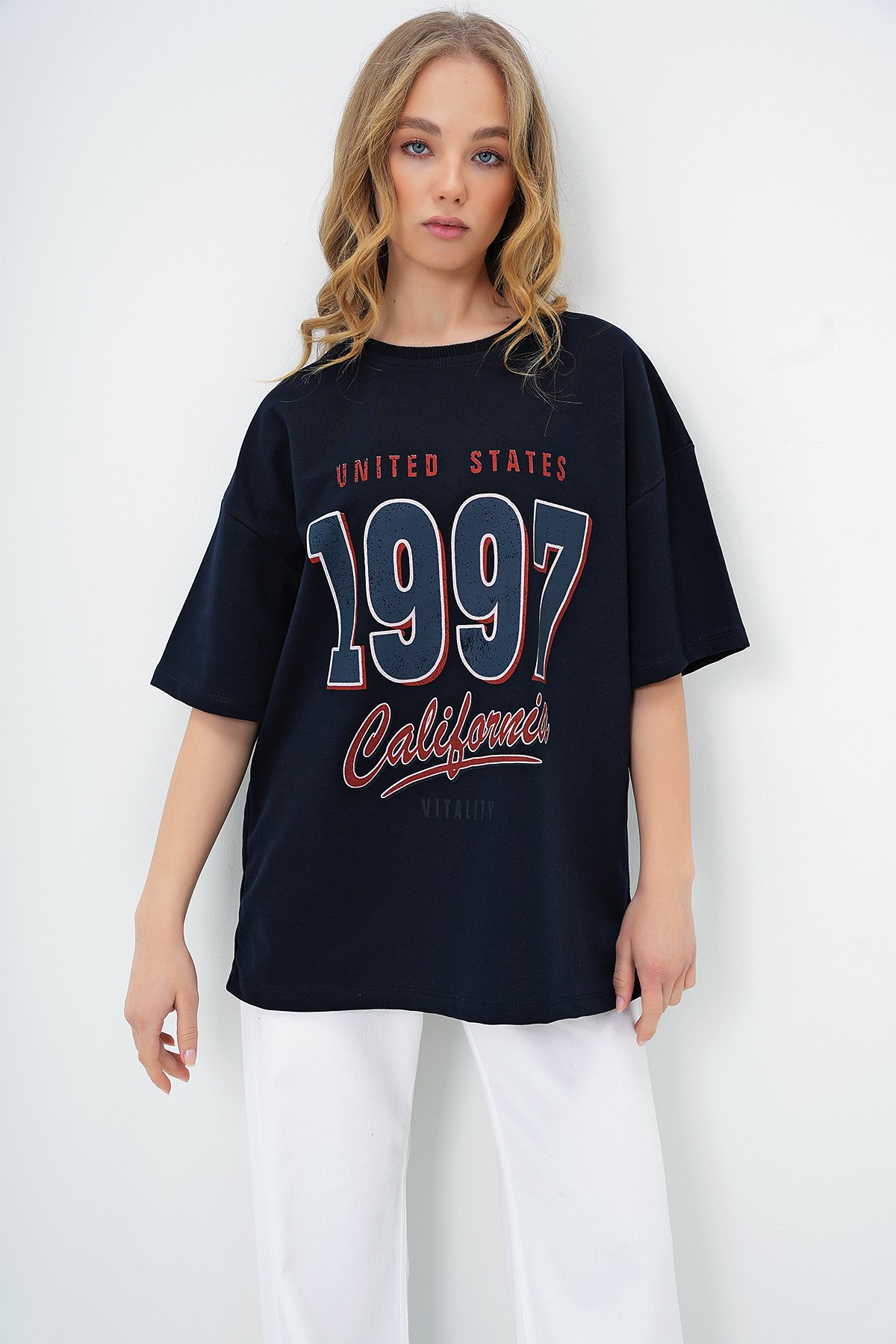 BİSİKLET YAKA 1997 BASKILI OVERSİZE T-SHIRT - KOYU LACİVERT