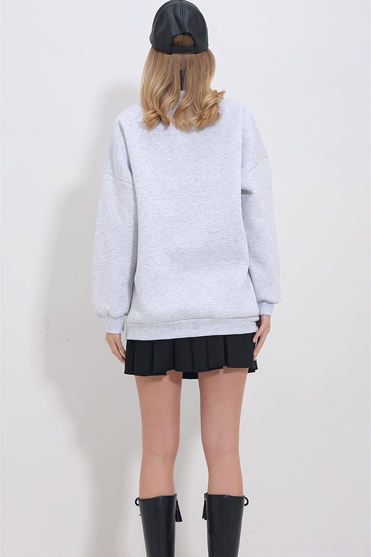 Bisiklet Yaka 3 İplik İçi Şardonlu Nakışlı Oversize Sweatshirt - Grimelanj