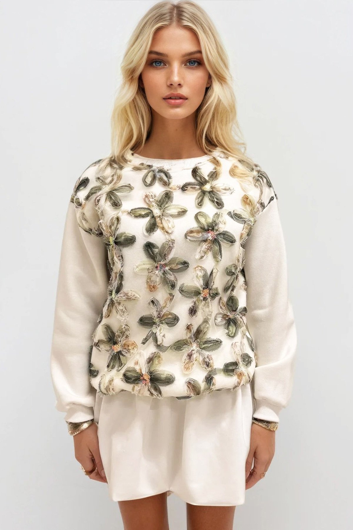 BİSİKLET YAKA 3 İPLİK İŞLEME TÜL DETAYLI SWEATSHIRT - YEŞİL