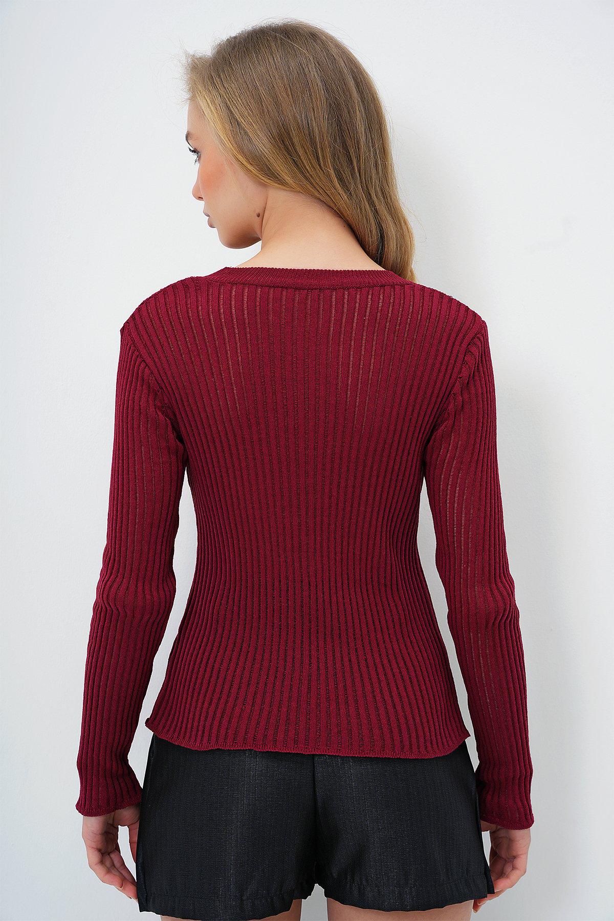 BİSİKLET YAKA AJURLU TRİKO BLUZ - BORDO