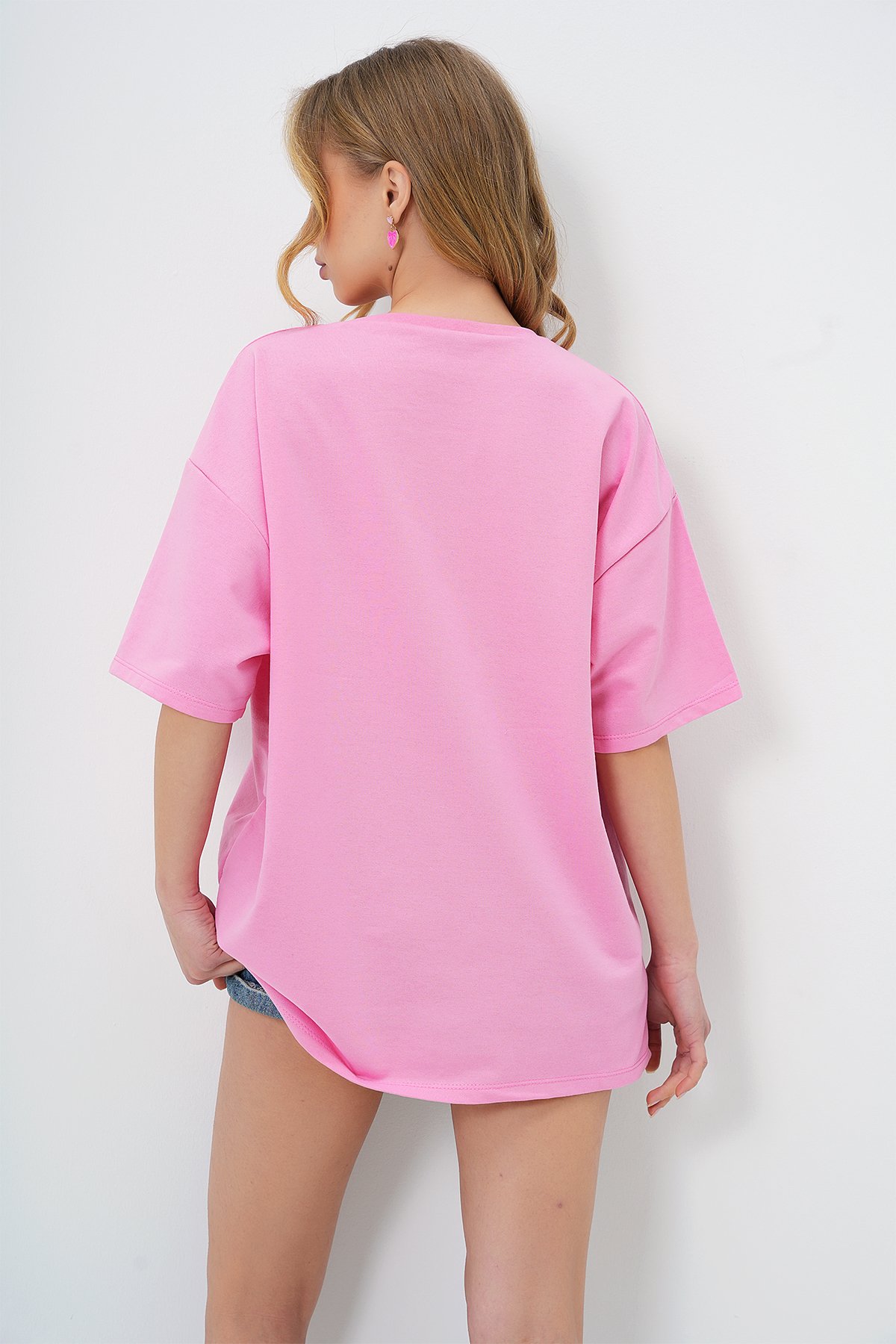 BİSİKLET YAKA AYICIK NAKIŞLI İKİ İPLİK T-SHIRT - PEMBE