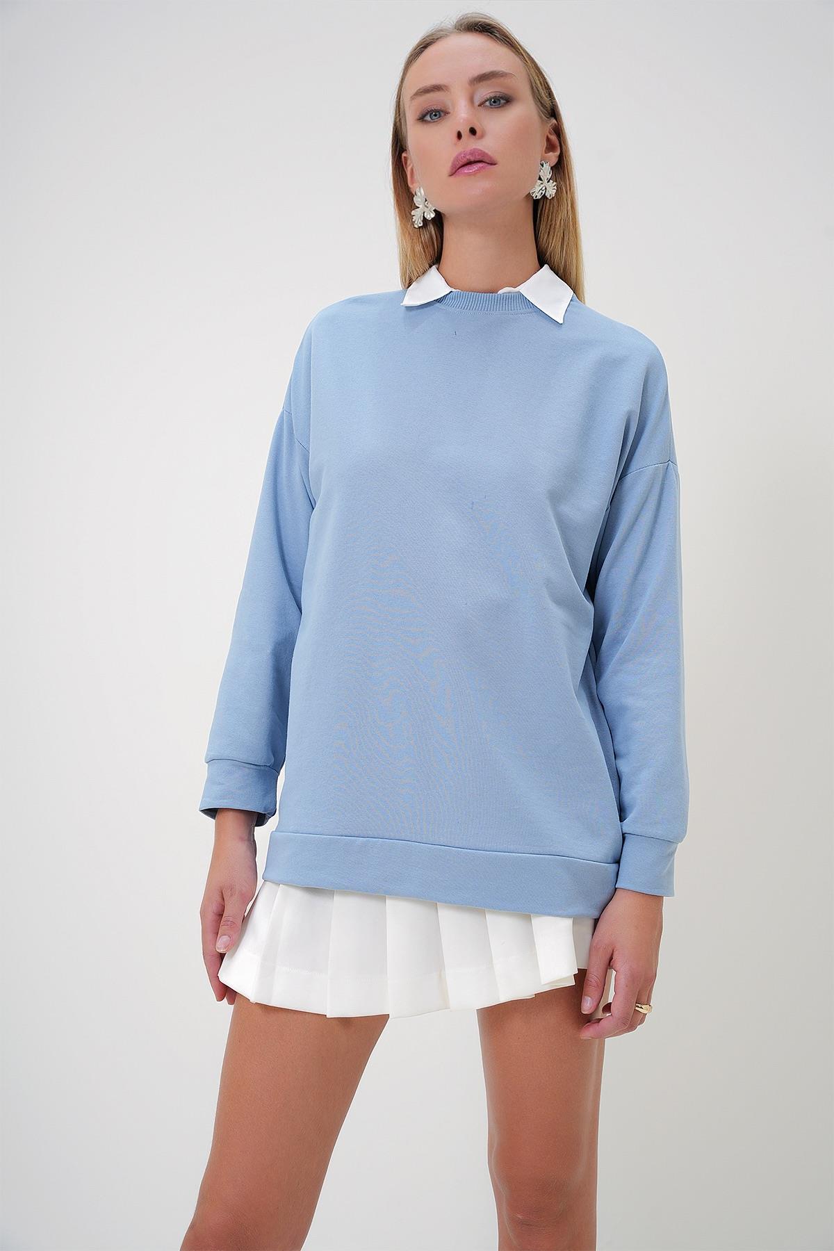 Bisiklet Yaka Basic Oversize Uzun Sweatshirt - Bebe mavi