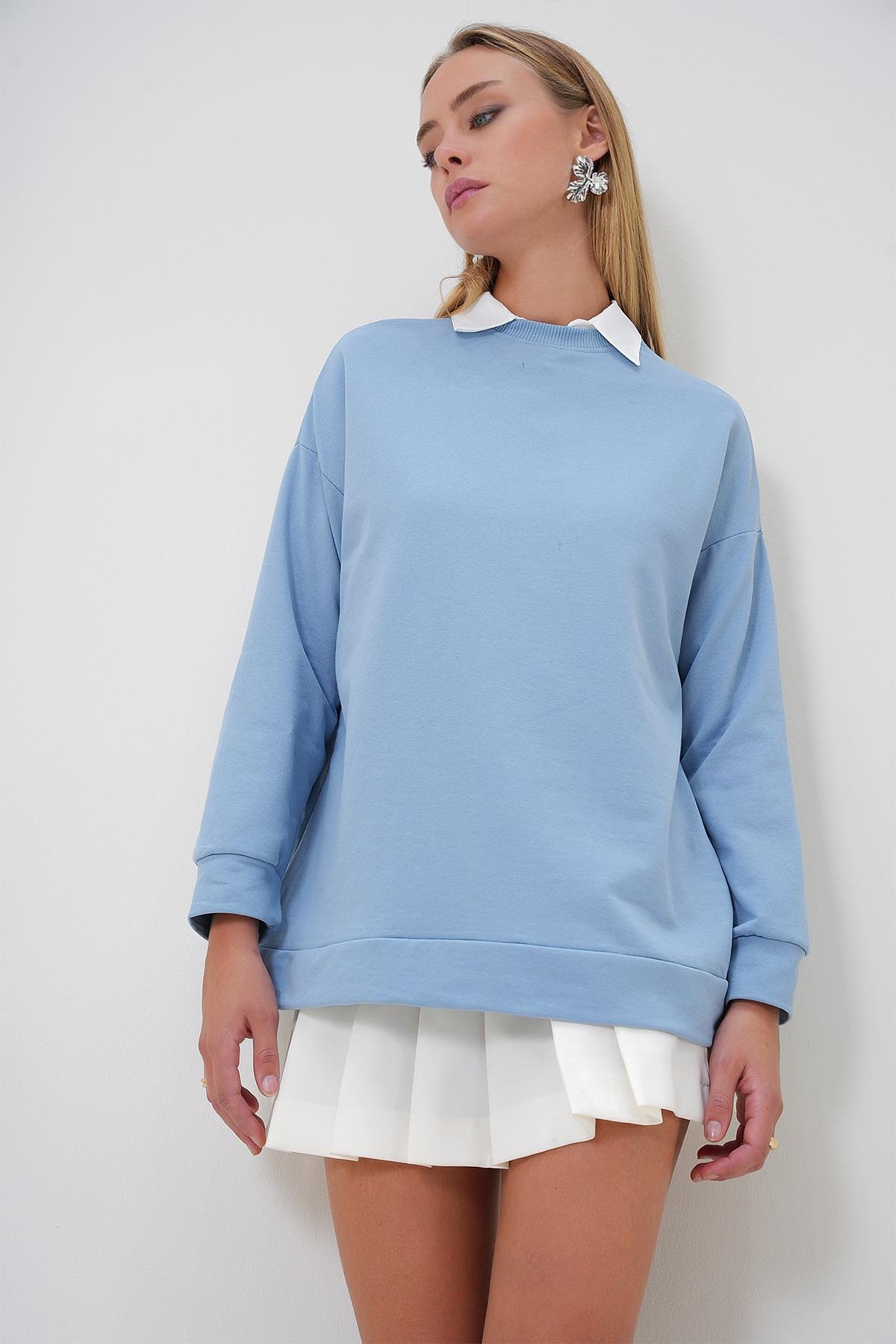 Bisiklet Yaka Basic Oversize Uzun Sweatshirt - Bebe mavi