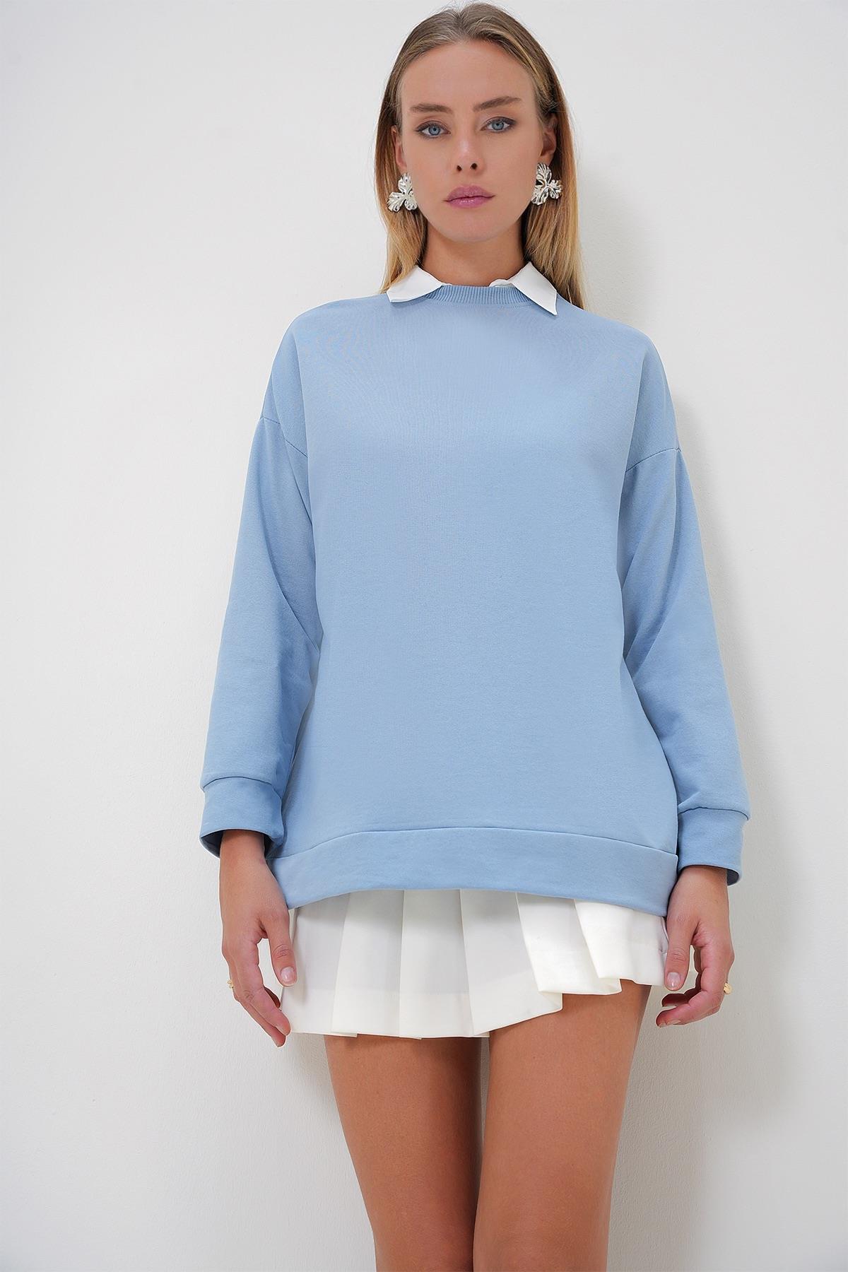 Bisiklet Yaka Basic Oversize Uzun Sweatshirt - Bebe mavi