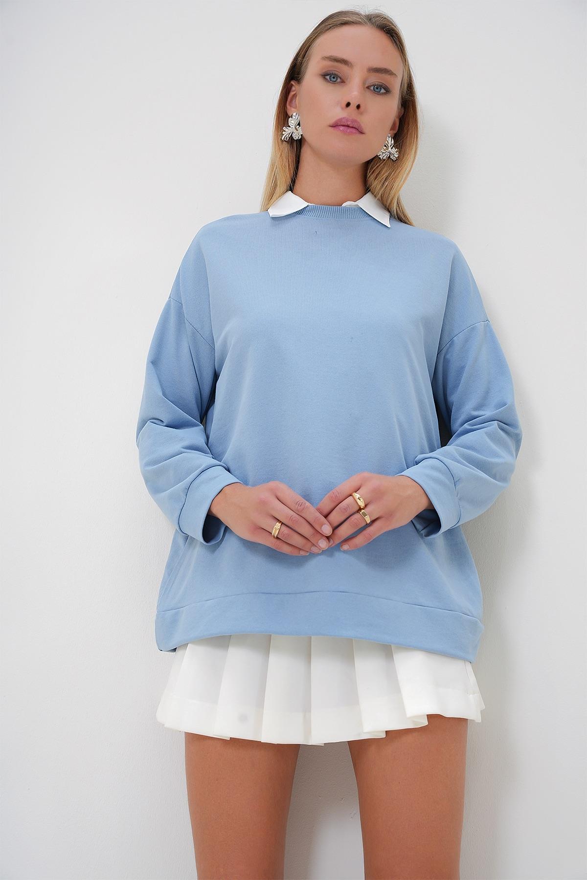 Bisiklet Yaka Basic Oversize Uzun Sweatshirt - Bebe mavi