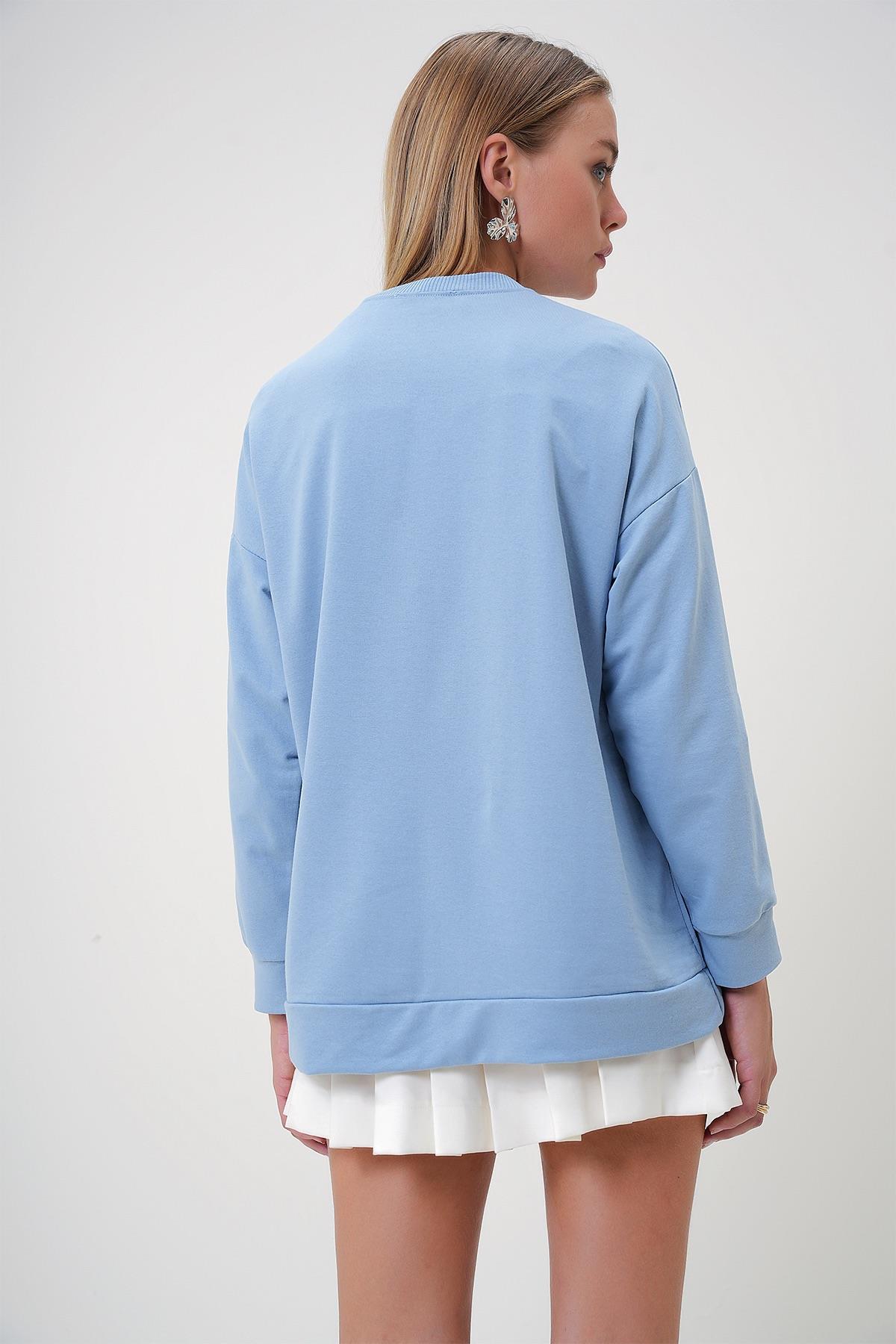 Bisiklet Yaka Basic Oversize Uzun Sweatshirt - Bebe mavi