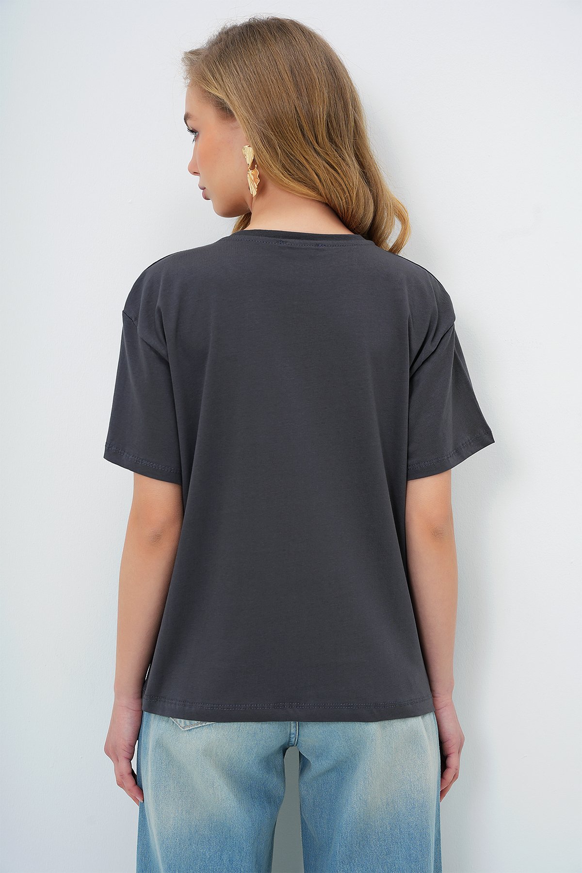 BİSİKLET YAKA BASİC T-SHIRT - ANTRASİT