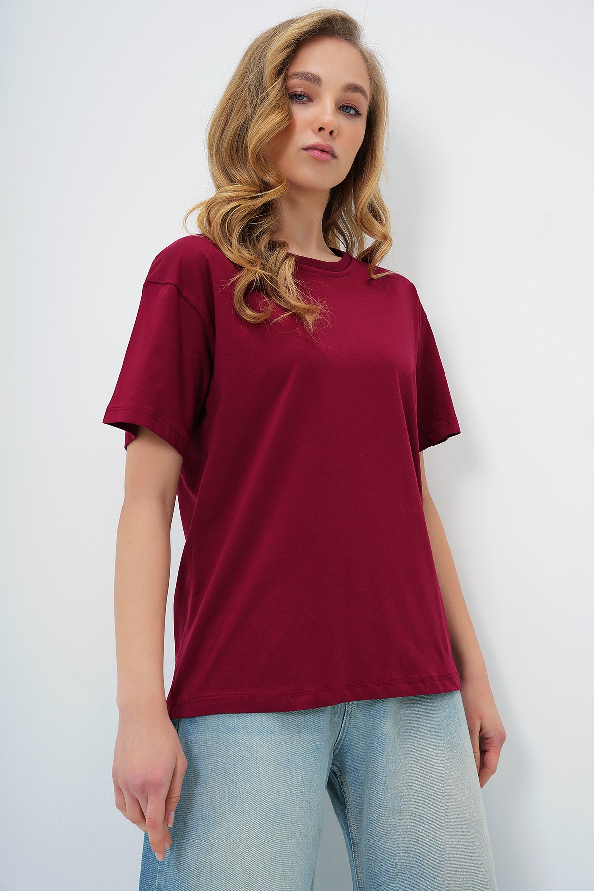 BİSİKLET YAKA BASİC T-SHIRT - BORDO