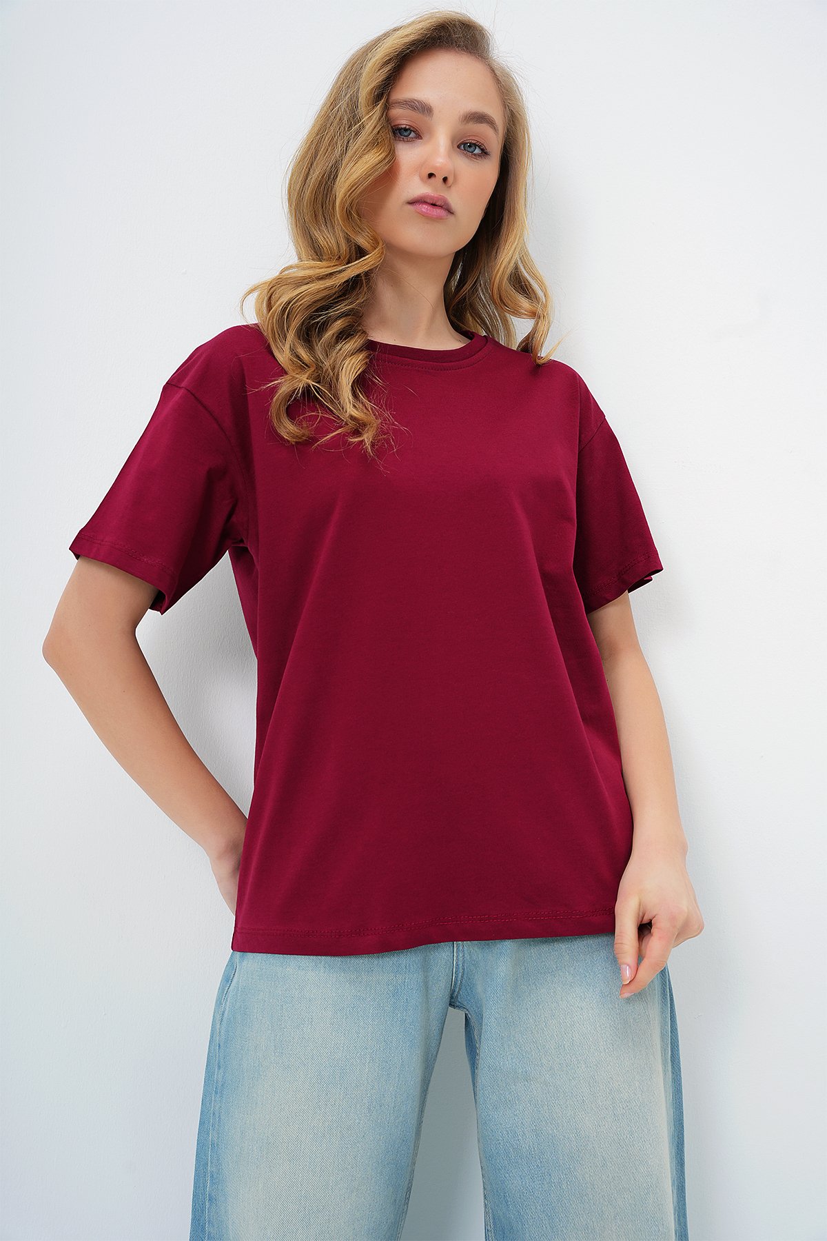 BİSİKLET YAKA BASİC T-SHIRT - BORDO
