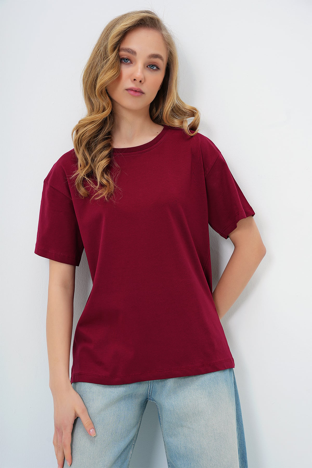 BİSİKLET YAKA BASİC T-SHIRT - BORDO