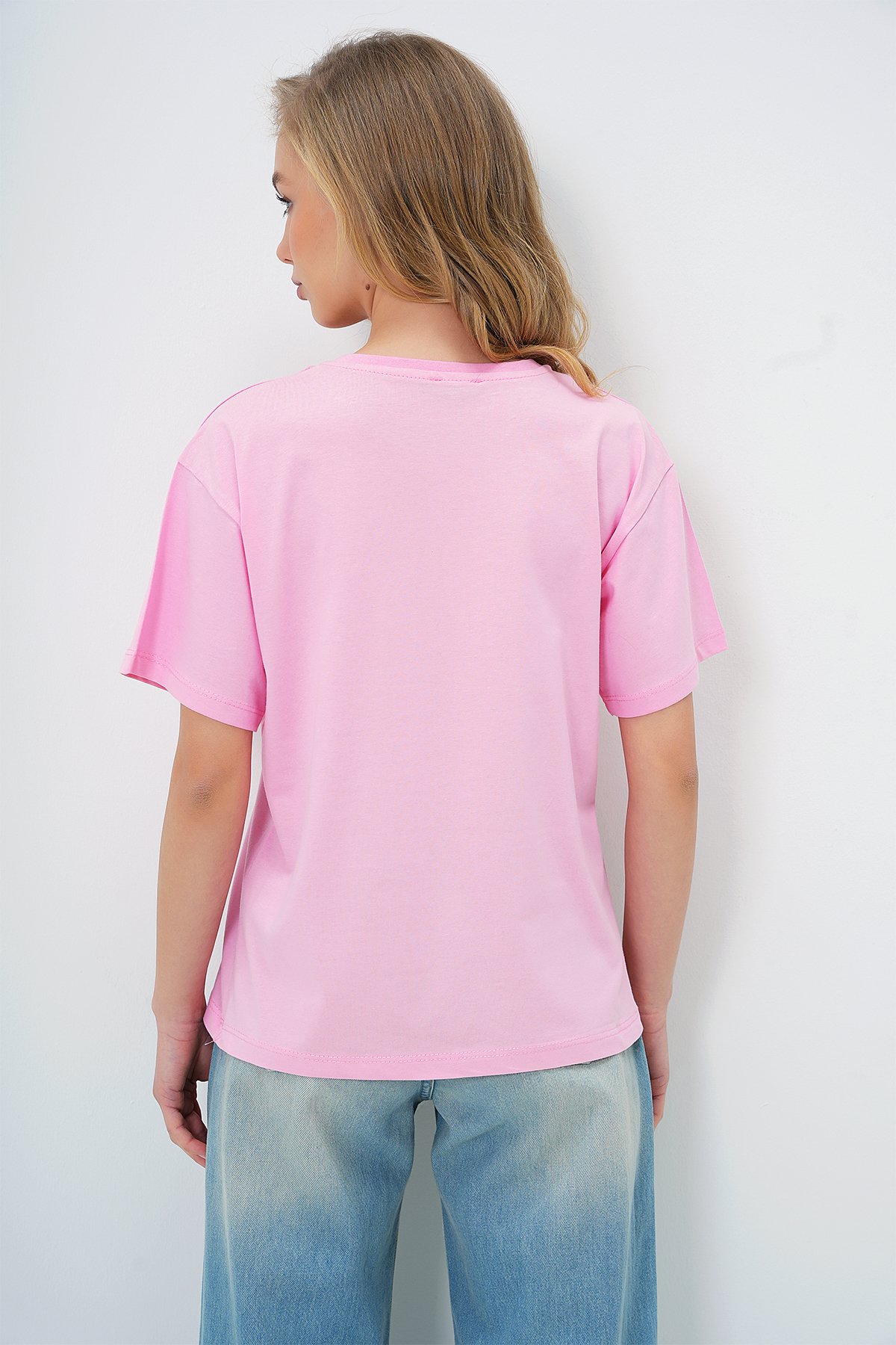 BİSİKLET YAKA BASİC T-SHIRT - PEMBE