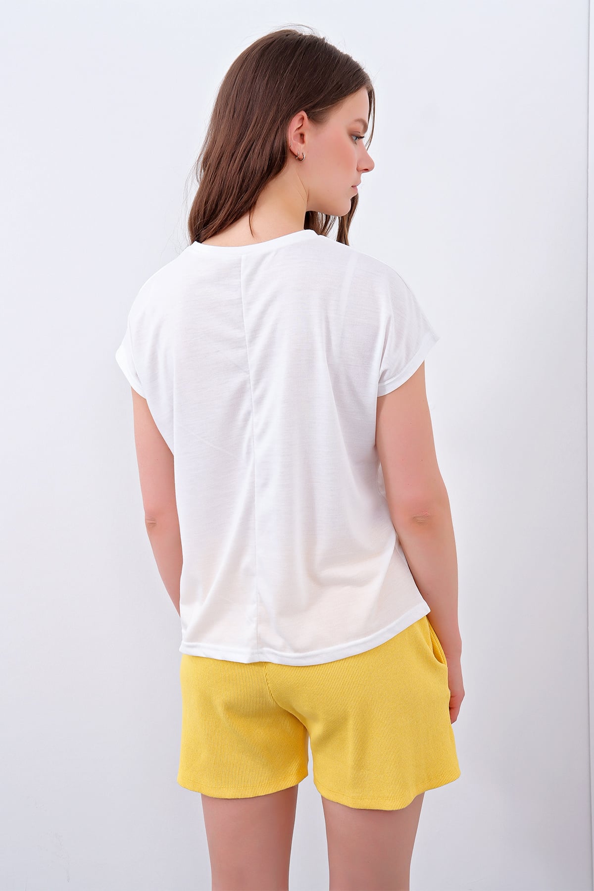 Bisiklet Yaka Baskılı Basic T-Shirt - Beyaz