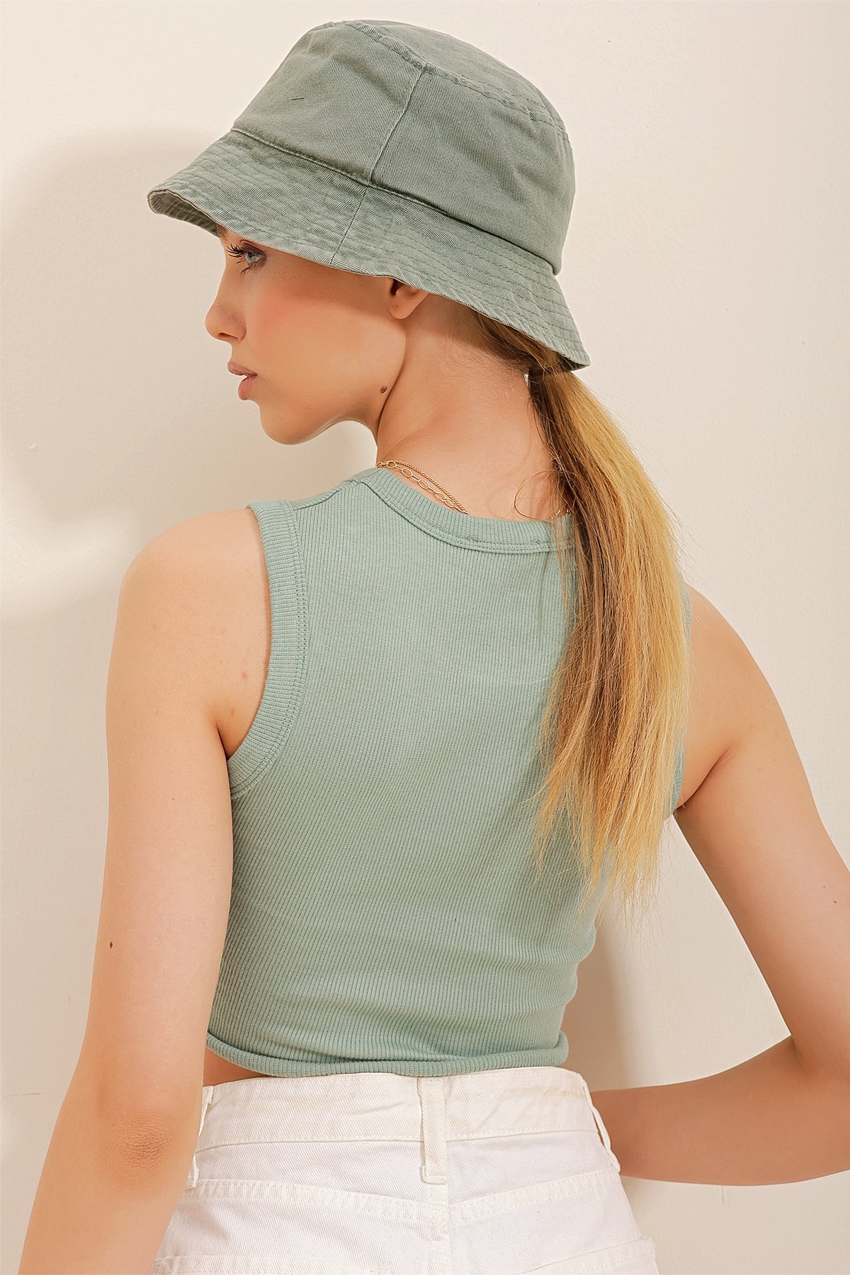 Bisiklet Yaka Baskılı Crop Örme Bluz - Mint