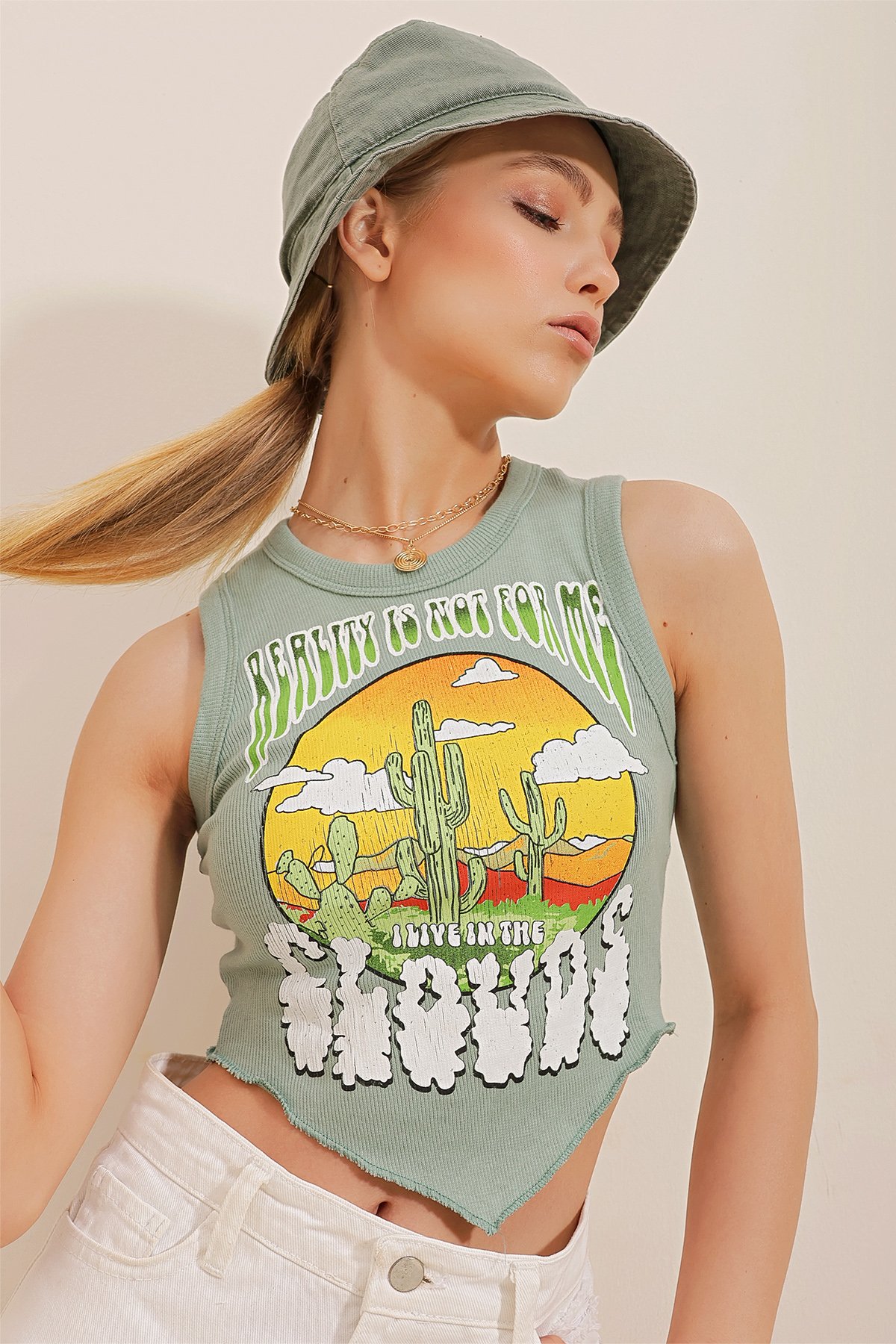 Bisiklet Yaka Baskılı Crop Örme Bluz - Mint