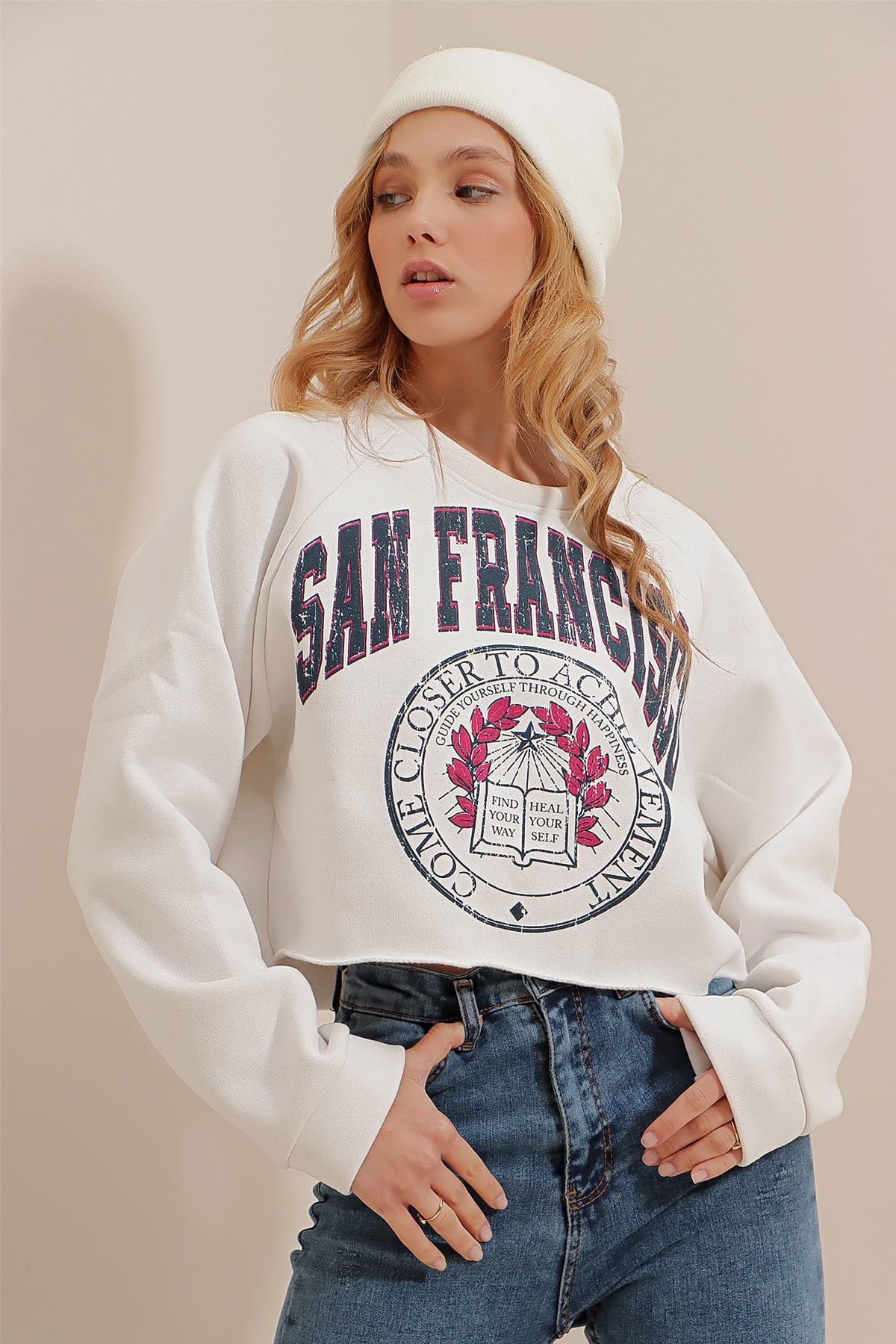 Bisiklet Yaka Baskılı İçi Polarlı Kalın Crop Sweatshirt - Lacivert