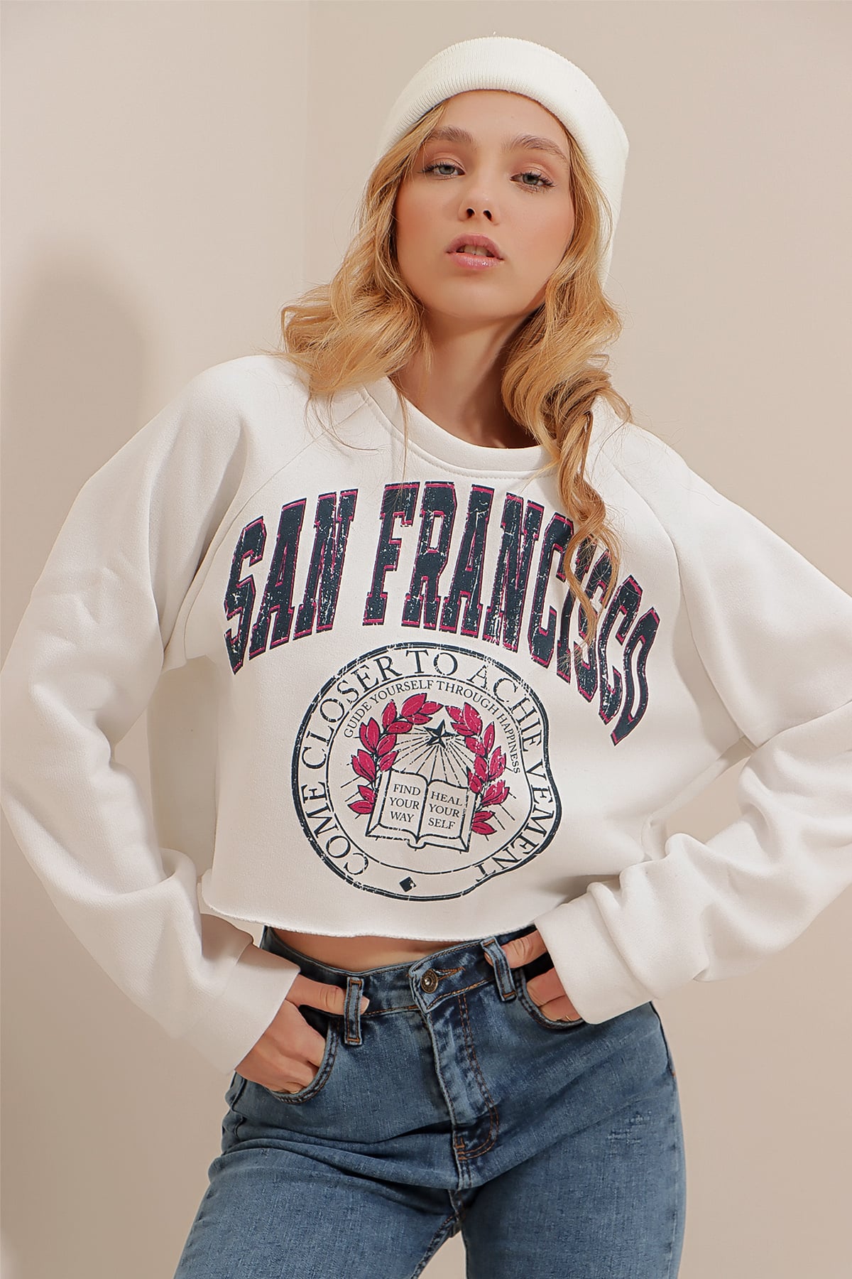 Bisiklet Yaka Baskılı İçi Polarlı Kalın Crop Sweatshirt - Lacivert