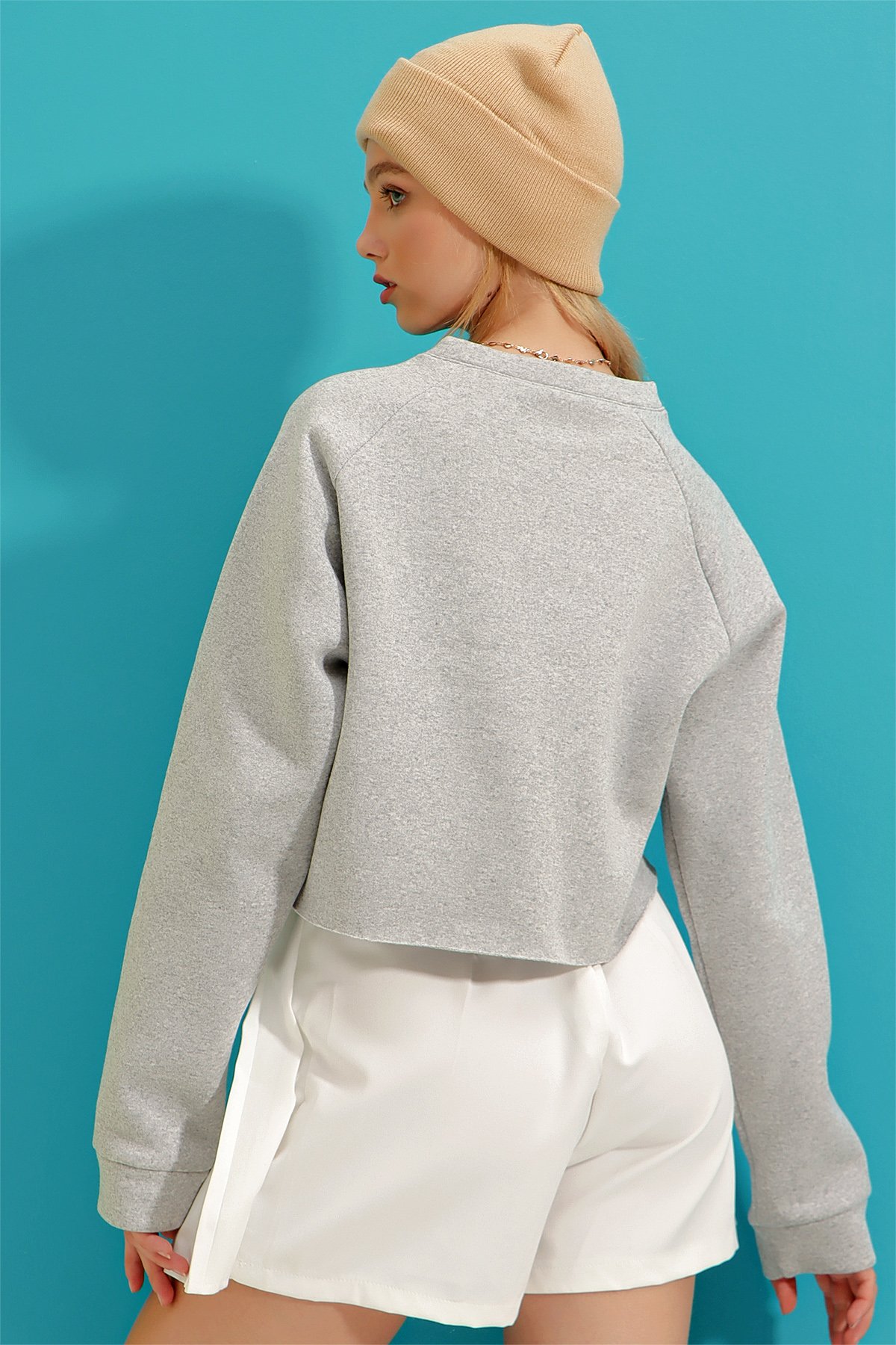 Bisiklet Yaka Baskılı İçi Polarlı Kalın Crop Sweatshirt - Grimelanj