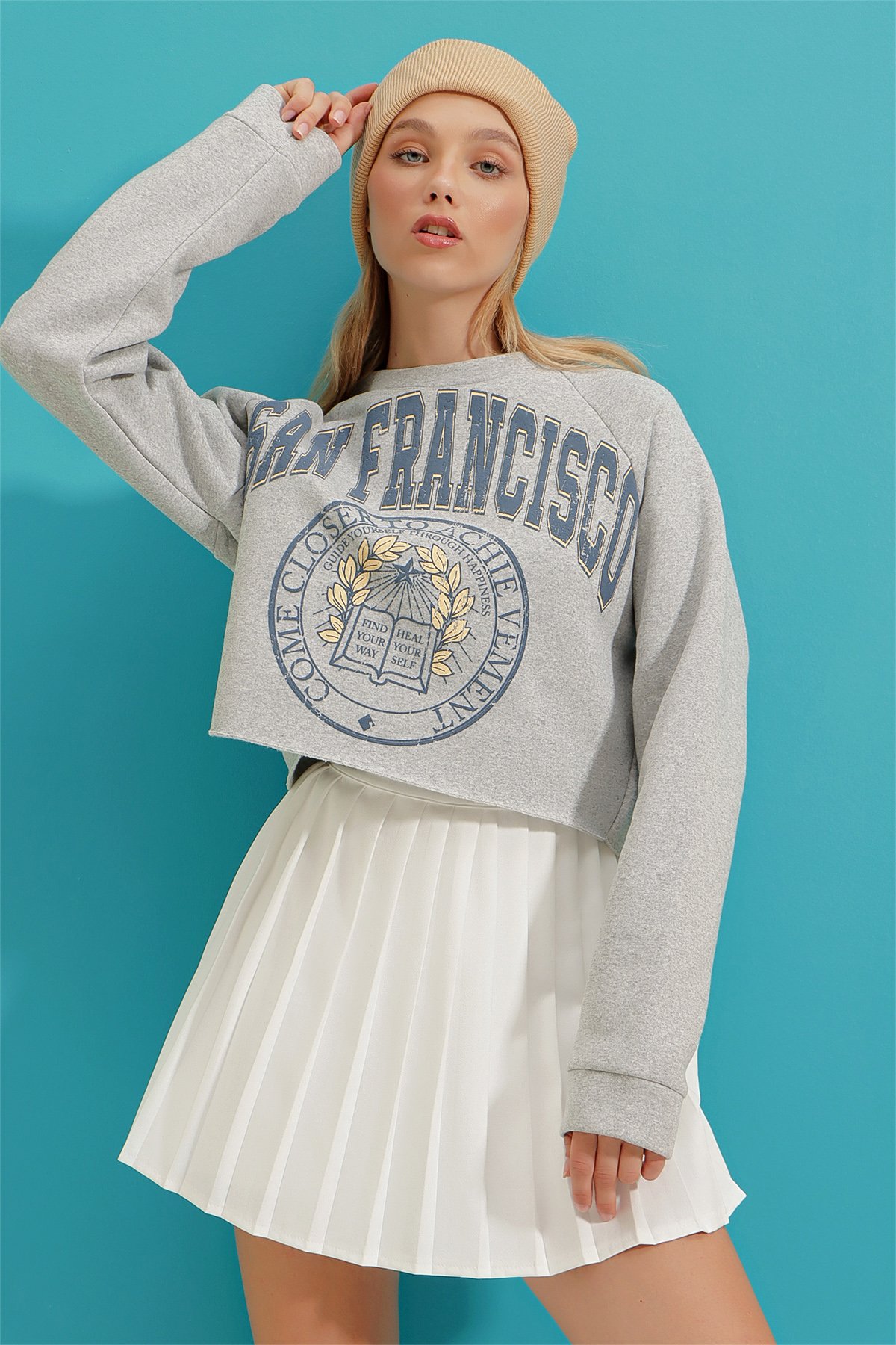 Bisiklet Yaka Baskılı İçi Polarlı Kalın Crop Sweatshirt - Grimelanj