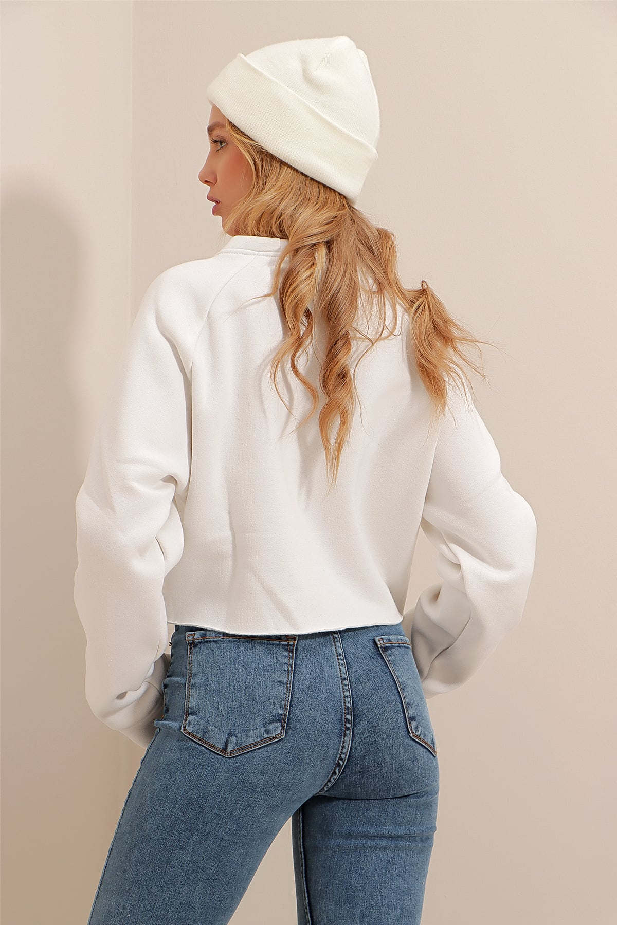 Bisiklet Yaka Baskılı İçi Polarlı Kalın Crop Sweatshirt - Lacivert
