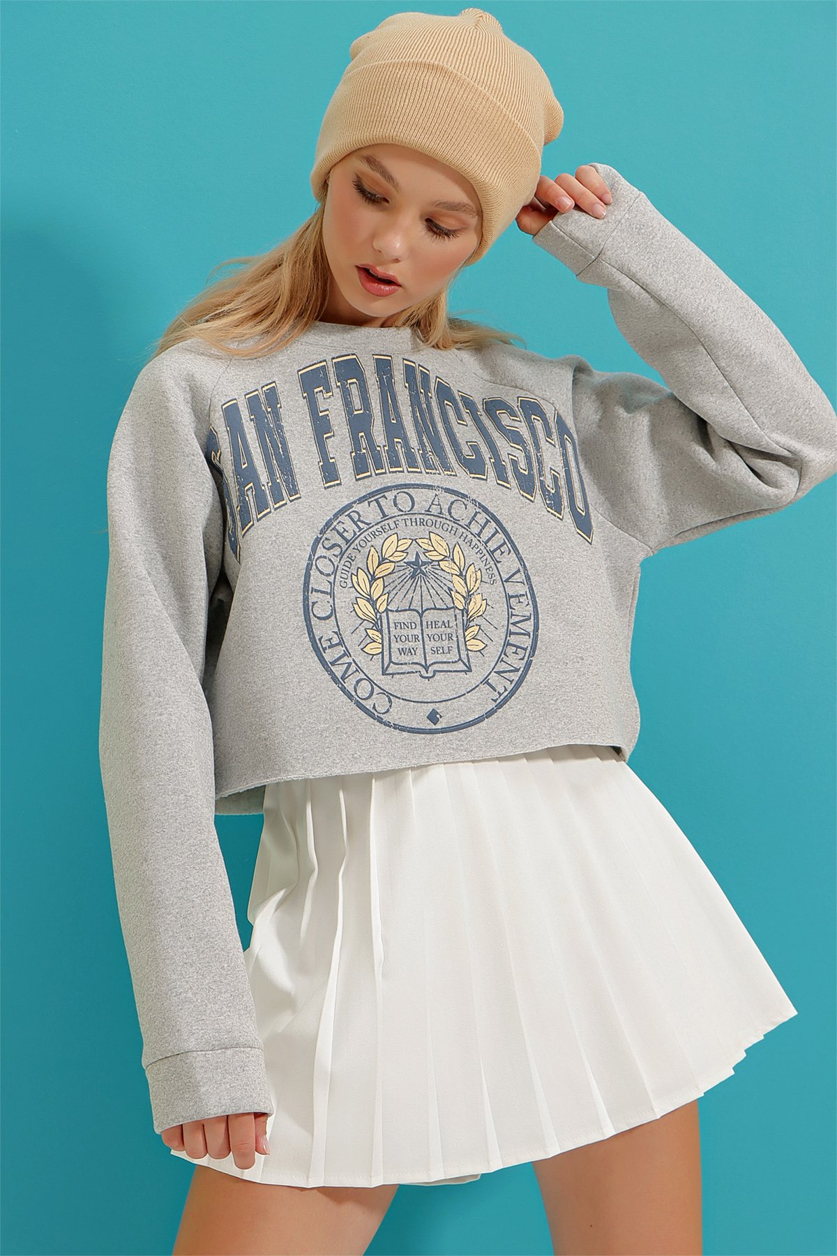 Bisiklet Yaka Baskılı İçi Polarlı Kalın Crop Sweatshirt - Grimelanj