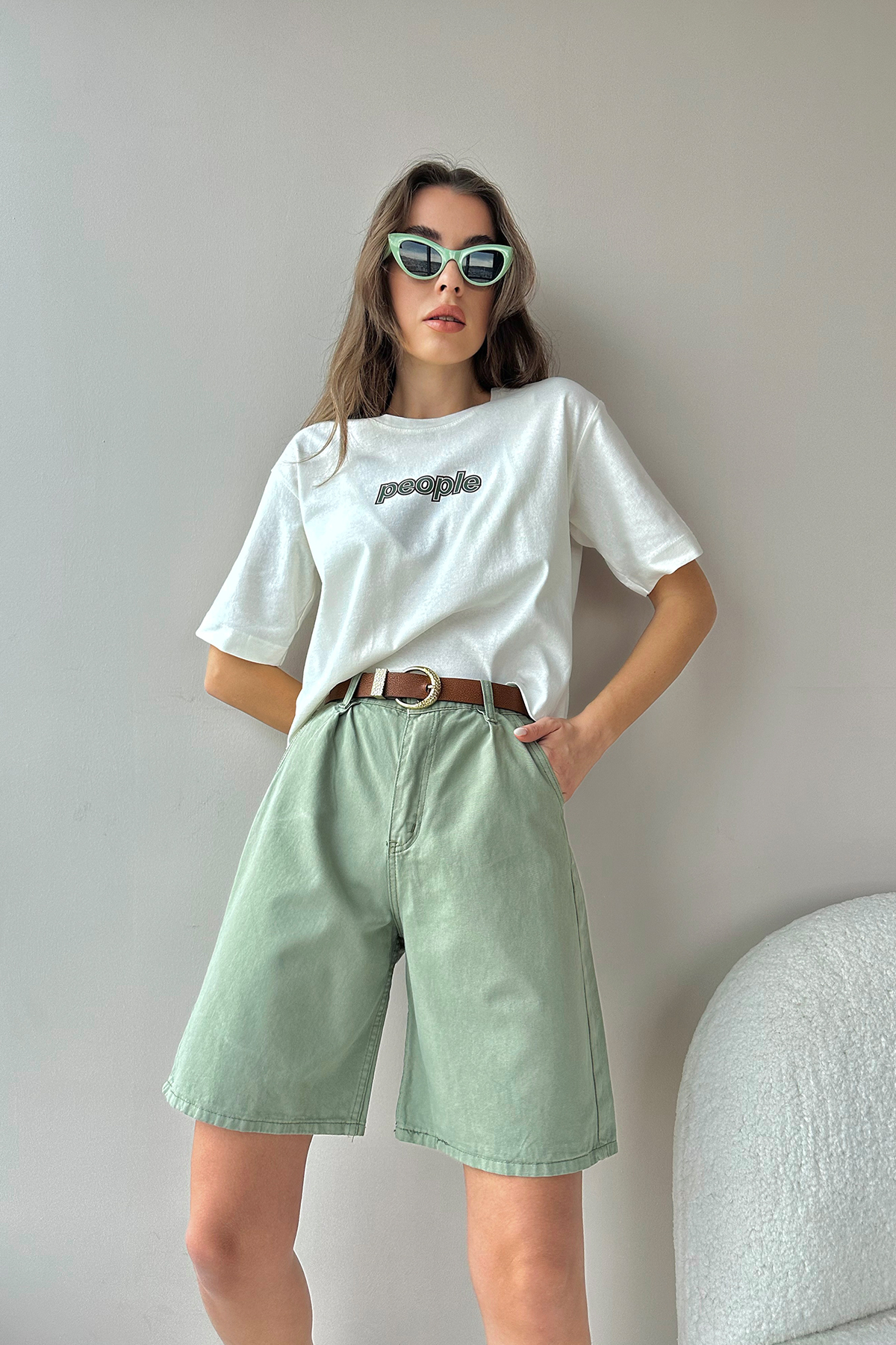 Bisiklet Yaka Baskılı İkili T-Shirt Set - Ekru-Haki