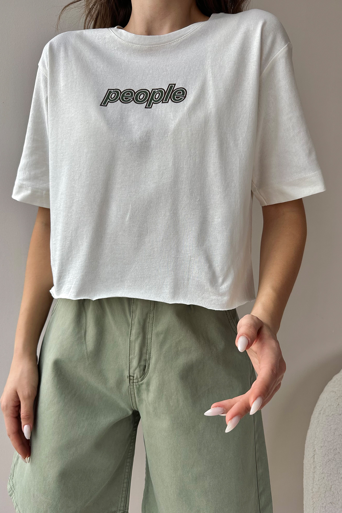 Bisiklet Yaka Baskılı İkili T-Shirt Set - Ekru-Haki