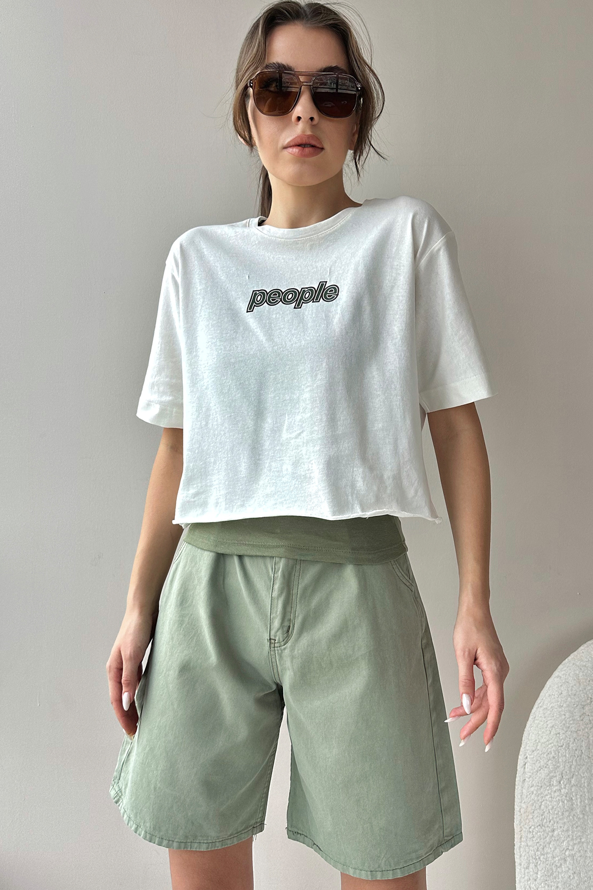 Bisiklet Yaka Baskılı İkili T-Shirt Set - Ekru-Haki