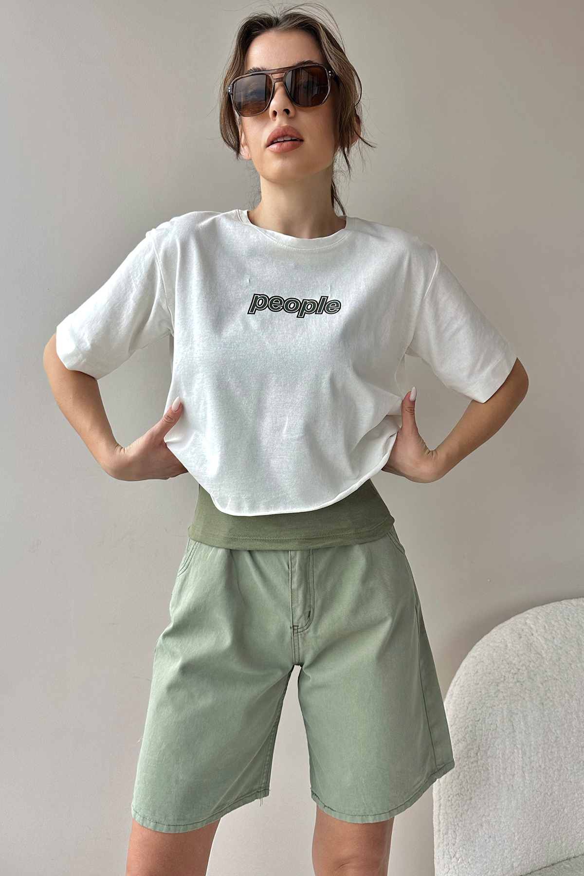 Bisiklet Yaka Baskılı İkili T-Shirt Set - Ekru-Haki