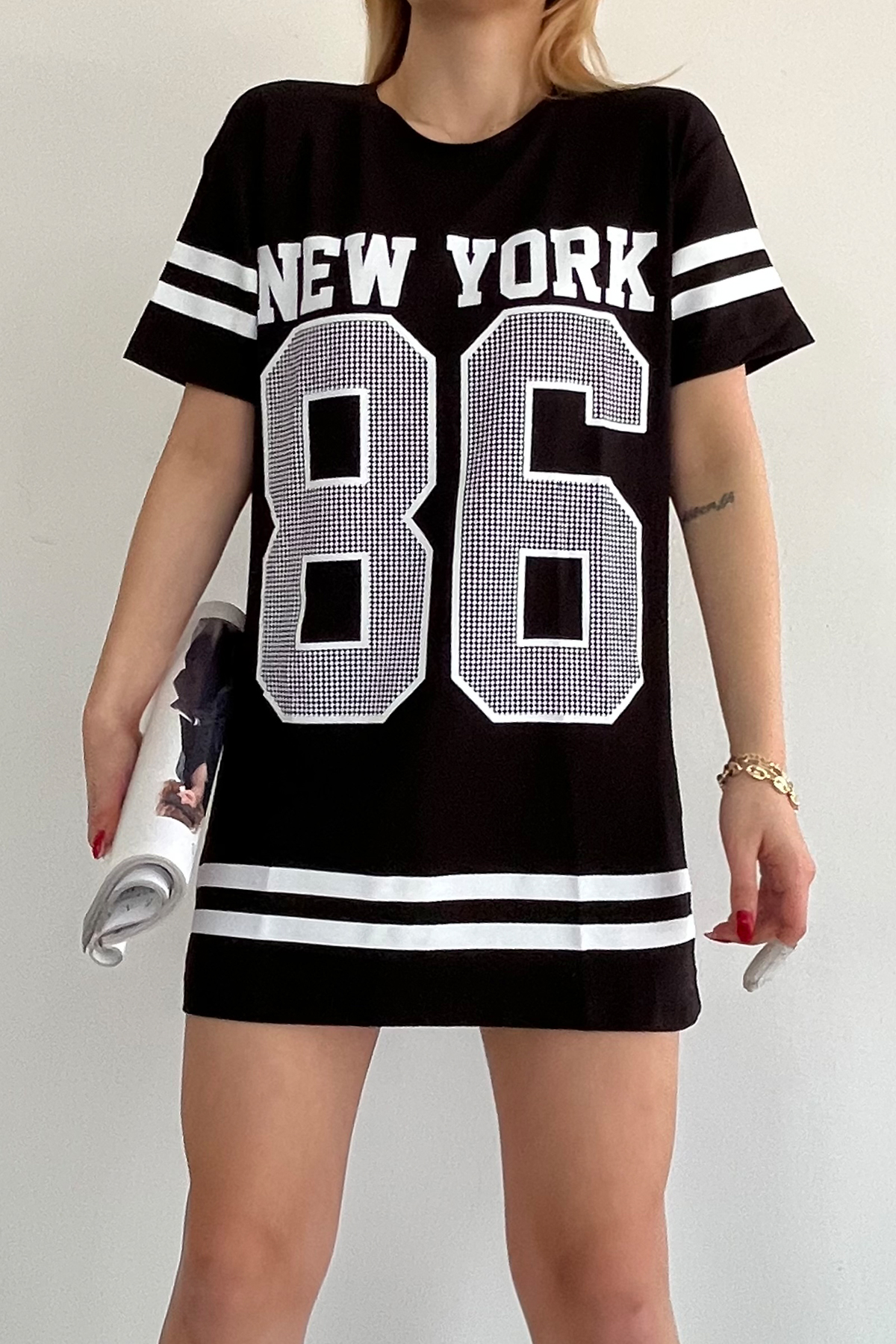 Bisiklet Yaka Baskılı Oversize Elbise - SİYAH