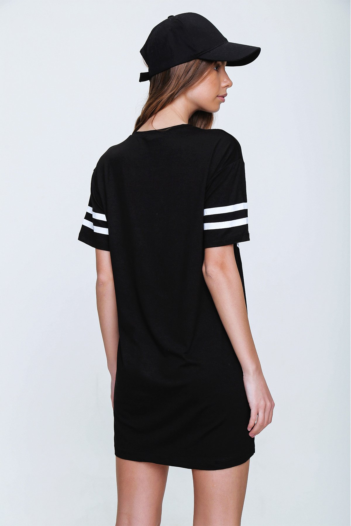 Bisiklet Yaka Baskılı Oversize Elbise - Siyah