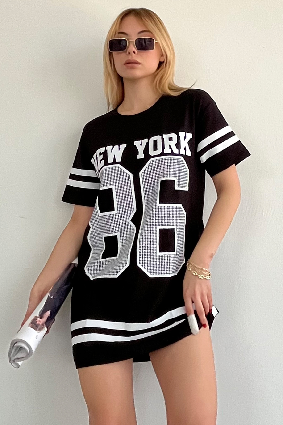 Bisiklet Yaka Baskılı Oversize Elbise - SİYAH