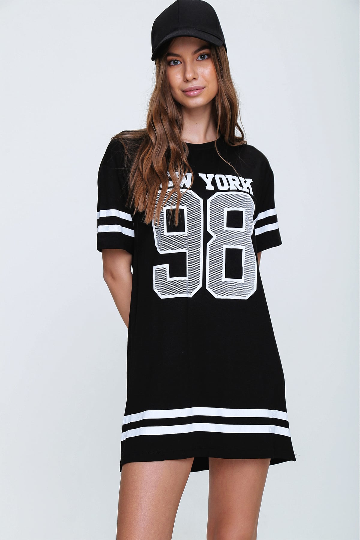 Bisiklet Yaka Baskılı Oversize Elbise - Siyah