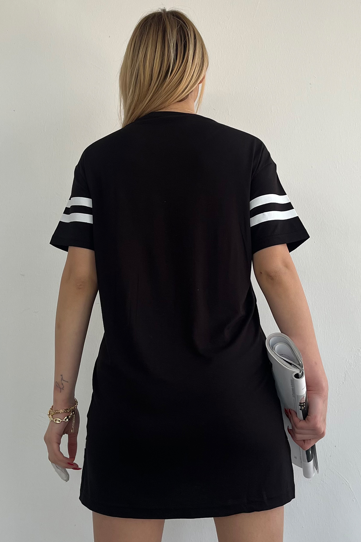 Bisiklet Yaka Baskılı Oversize Elbise - SİYAH