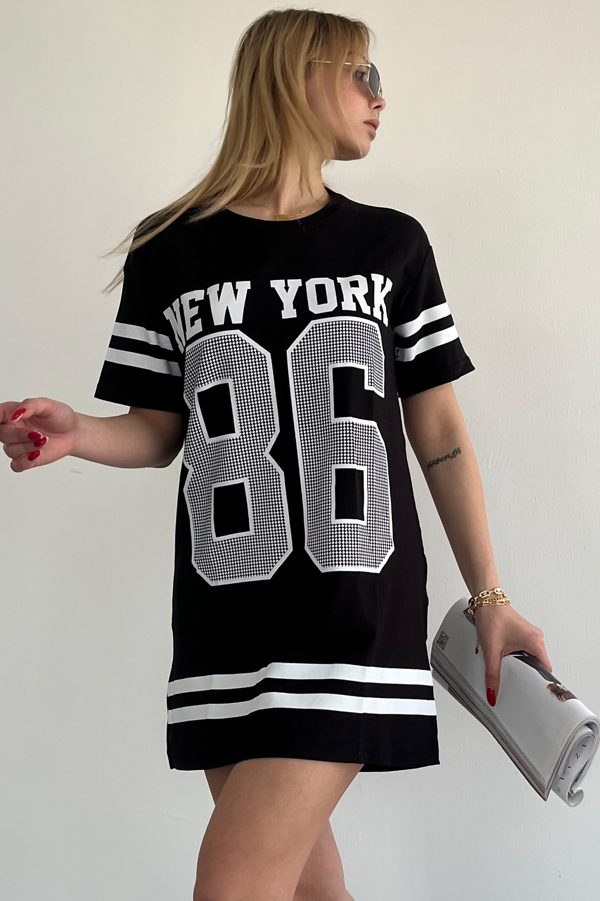 Bisiklet Yaka Baskılı Oversize Elbise - SİYAH