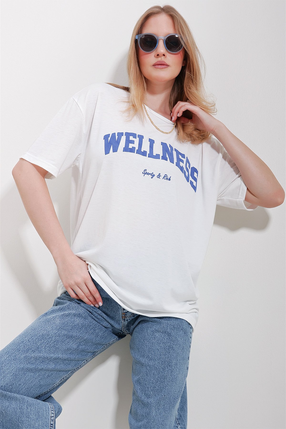 Bisiklet Yaka Baskılı Oversize Pamuklu T-Shirt - Mavi