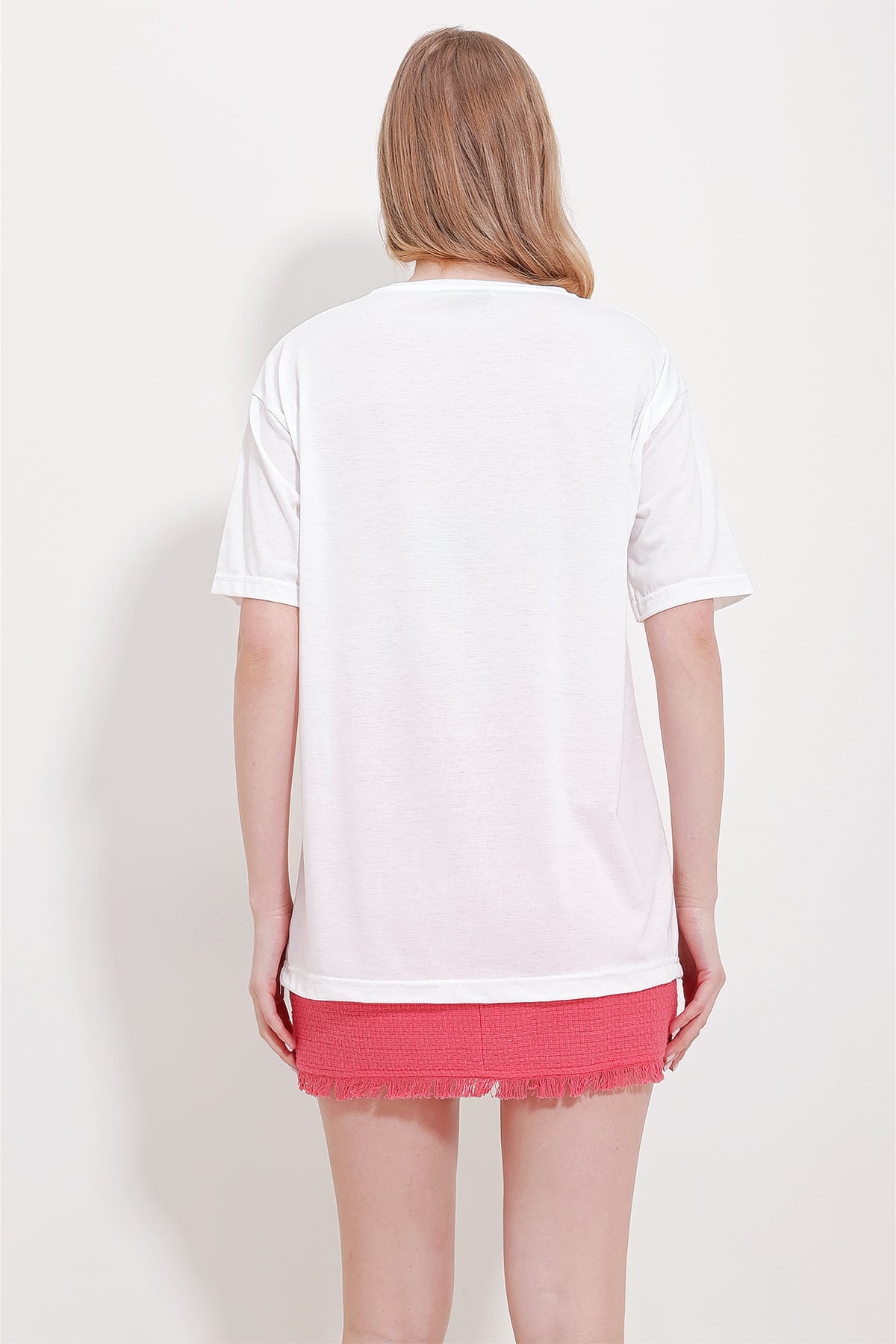 Bisiklet Yaka Baskılı Oversize Pamuklu T-Shirt - Pembe