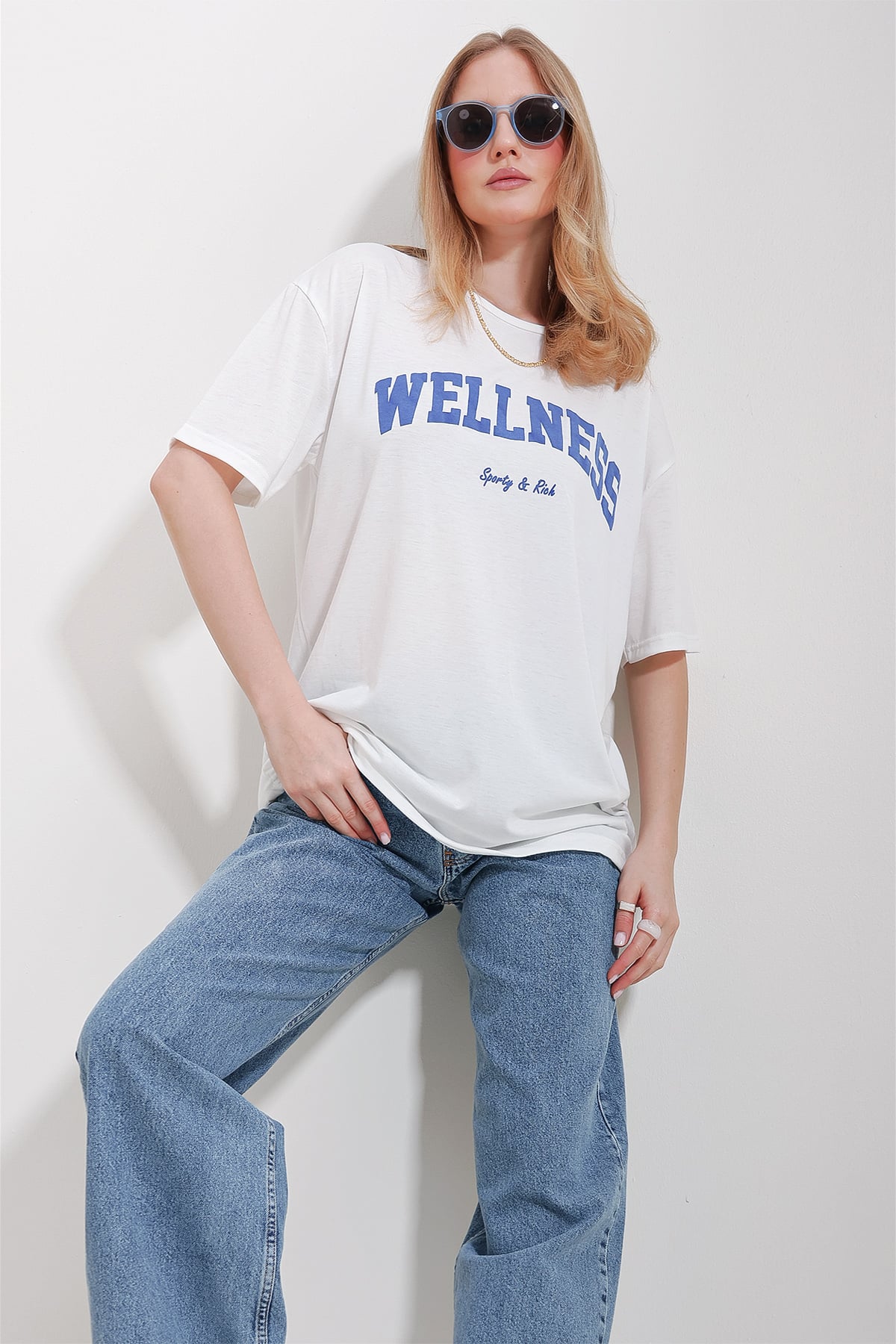Bisiklet Yaka Baskılı Oversize Pamuklu T-Shirt - Mavi