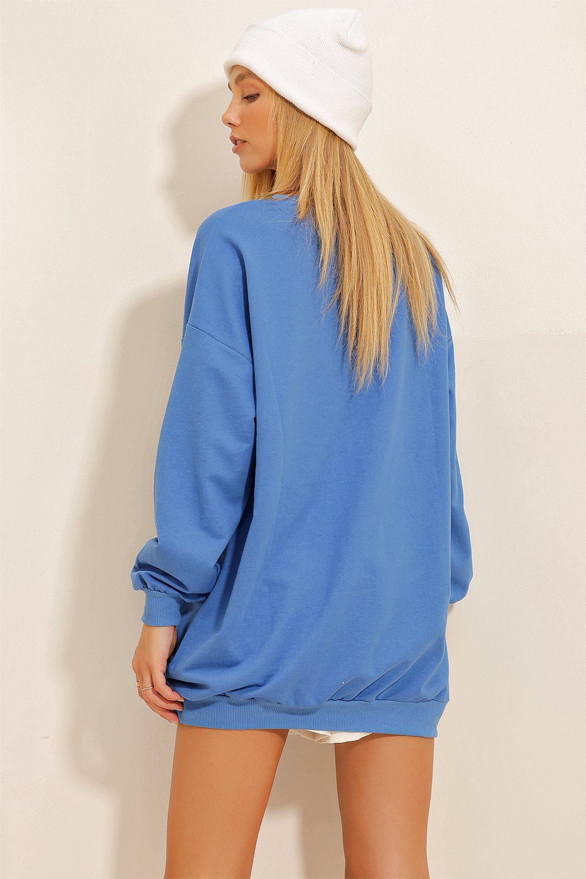 Bisiklet Yaka Baskılı Oversize Sweatshirt - Havacı Mavi