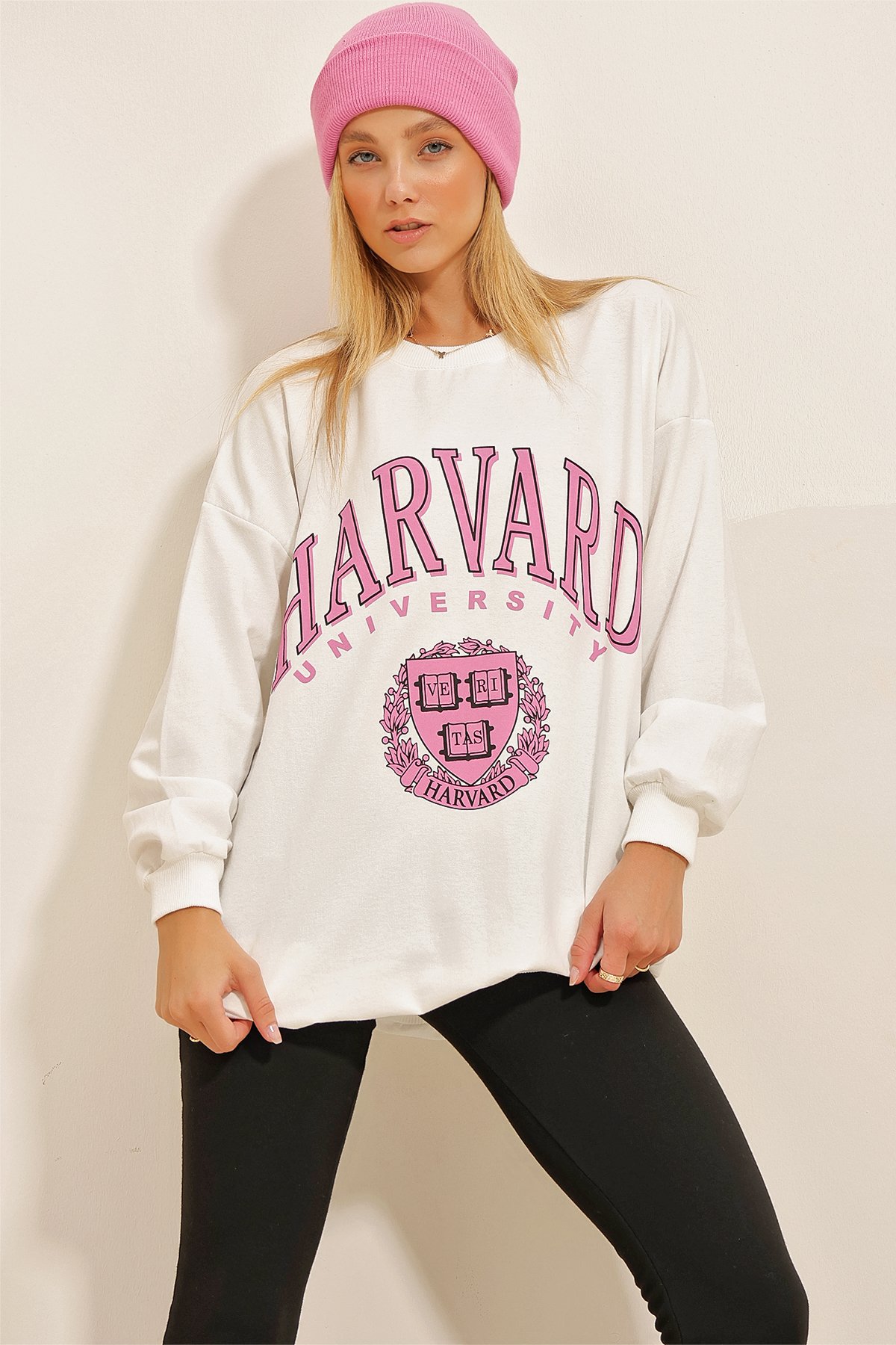 Bisiklet Yaka Baskılı Oversize Sweatshirt - Beyaz