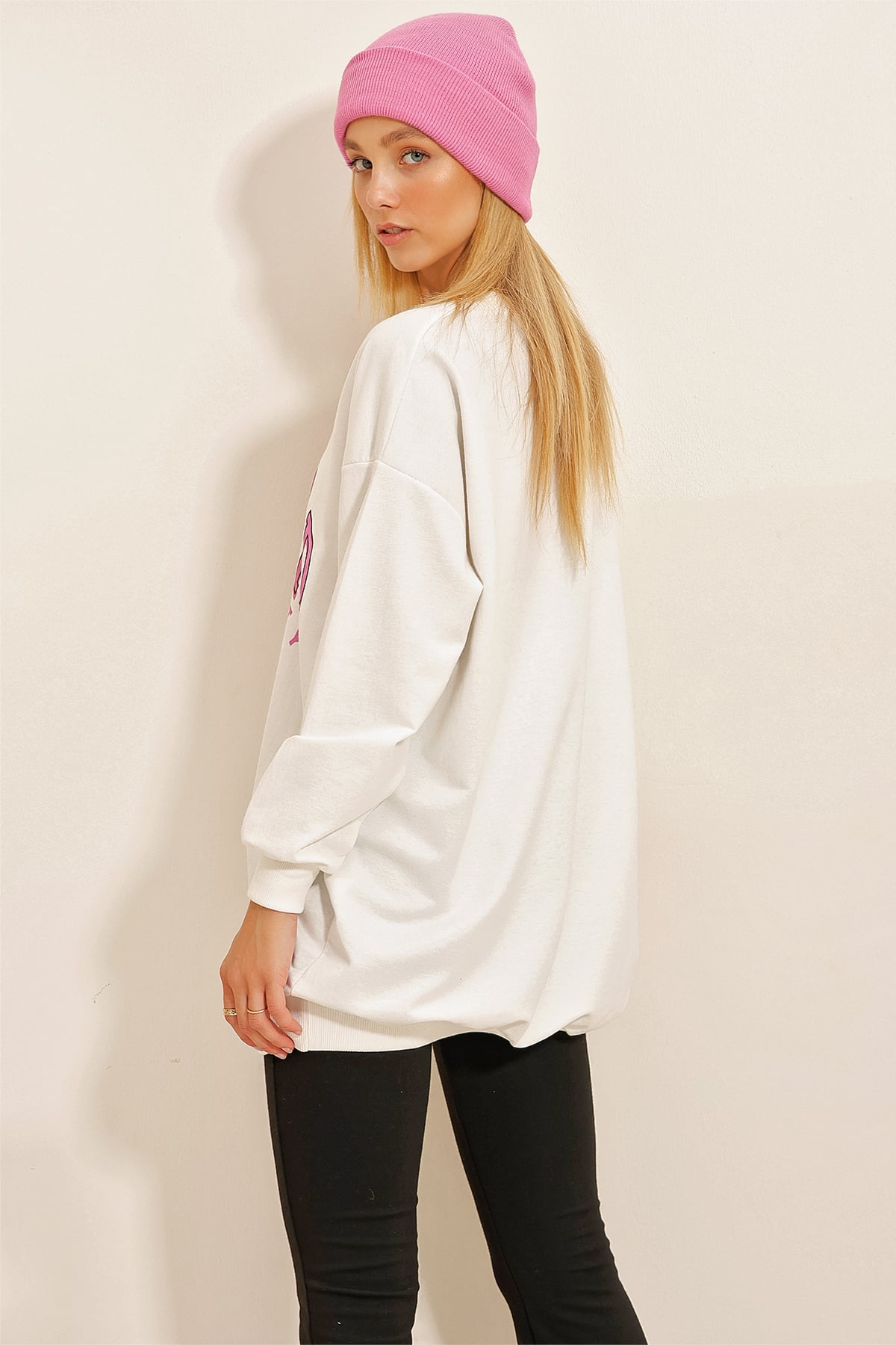 Bisiklet Yaka Baskılı Oversize Sweatshirt - Beyaz