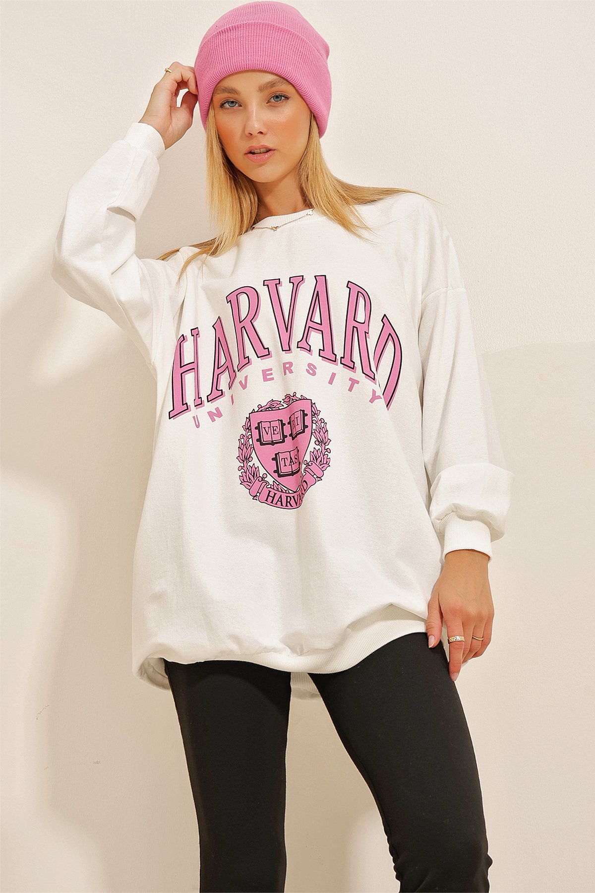 Bisiklet Yaka Baskılı Oversize Sweatshirt - Beyaz