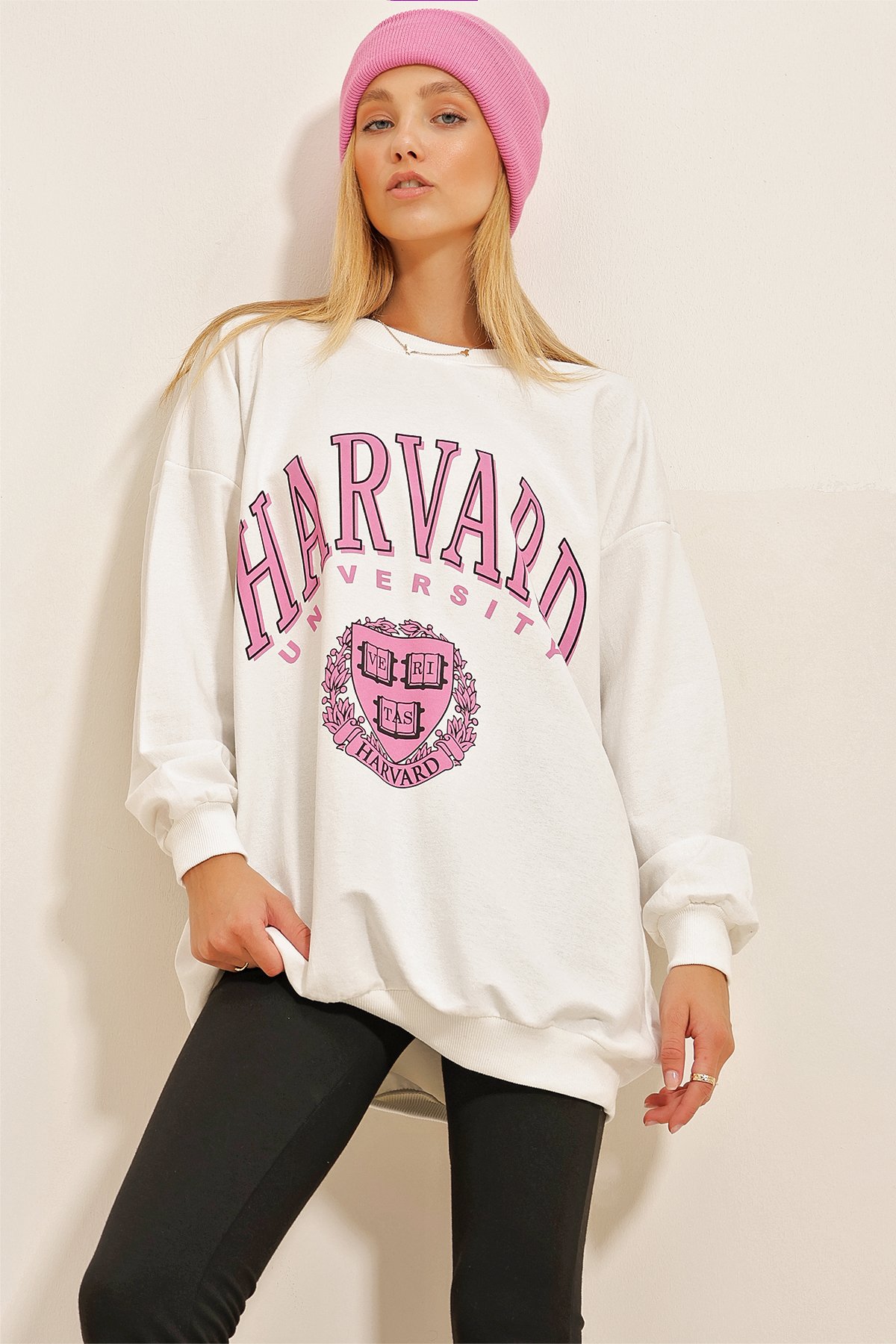 Bisiklet Yaka Baskılı Oversize Sweatshirt - Beyaz