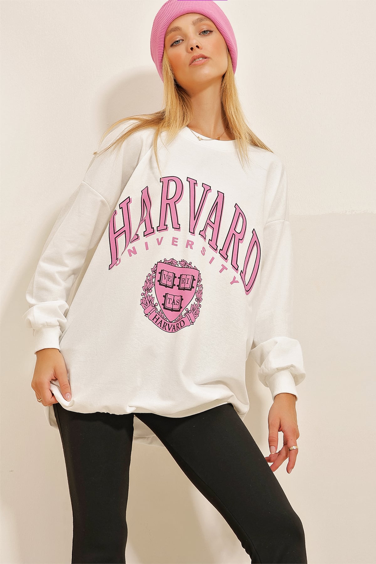 Bisiklet Yaka Baskılı Oversize Sweatshirt - Beyaz