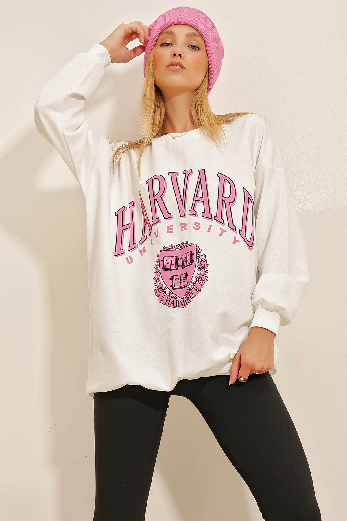 Bisiklet Yaka Baskılı Oversize Sweatshirt - Beyaz