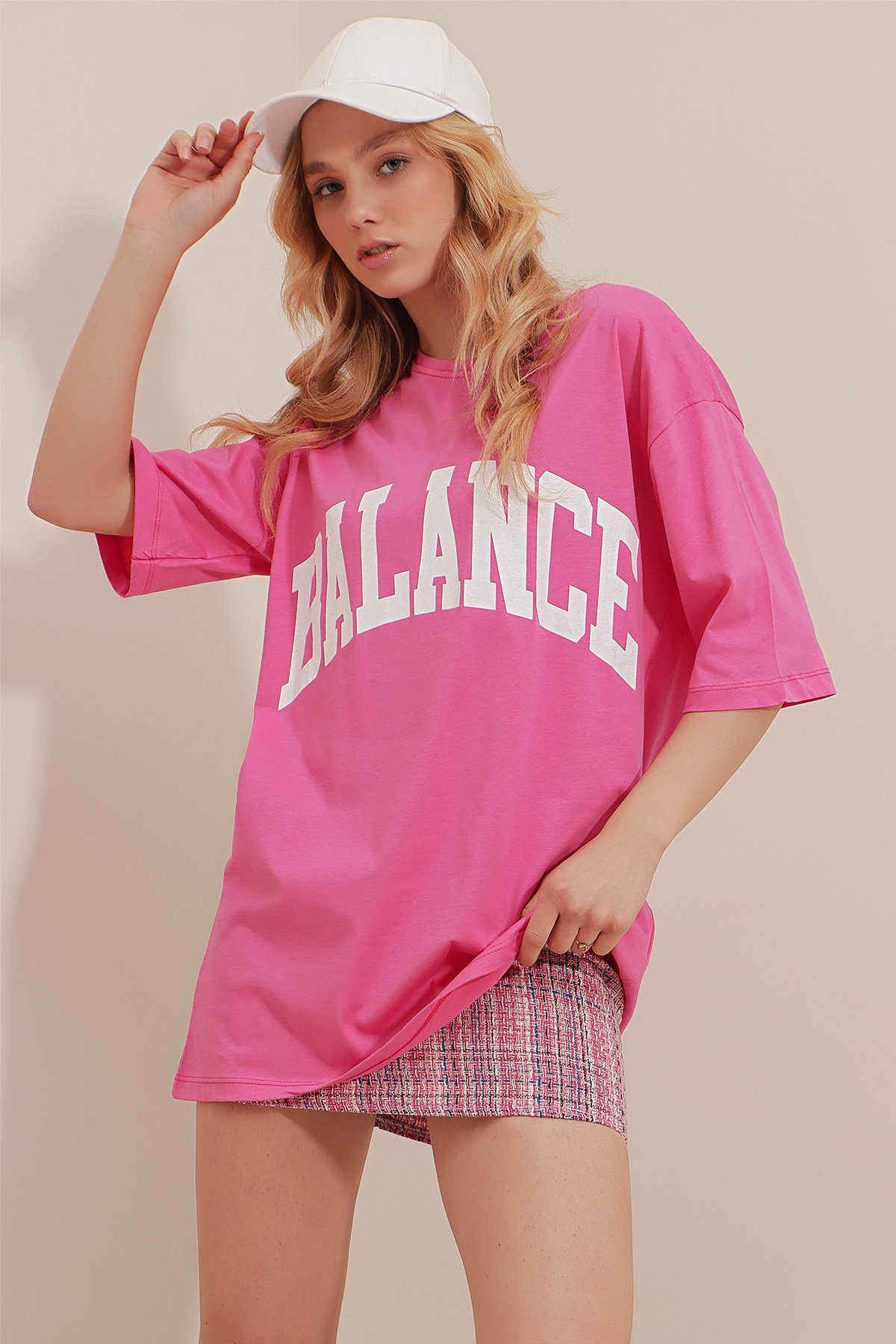 Bisiklet Yaka Baskılı Oversize T-Shirt - Pembe