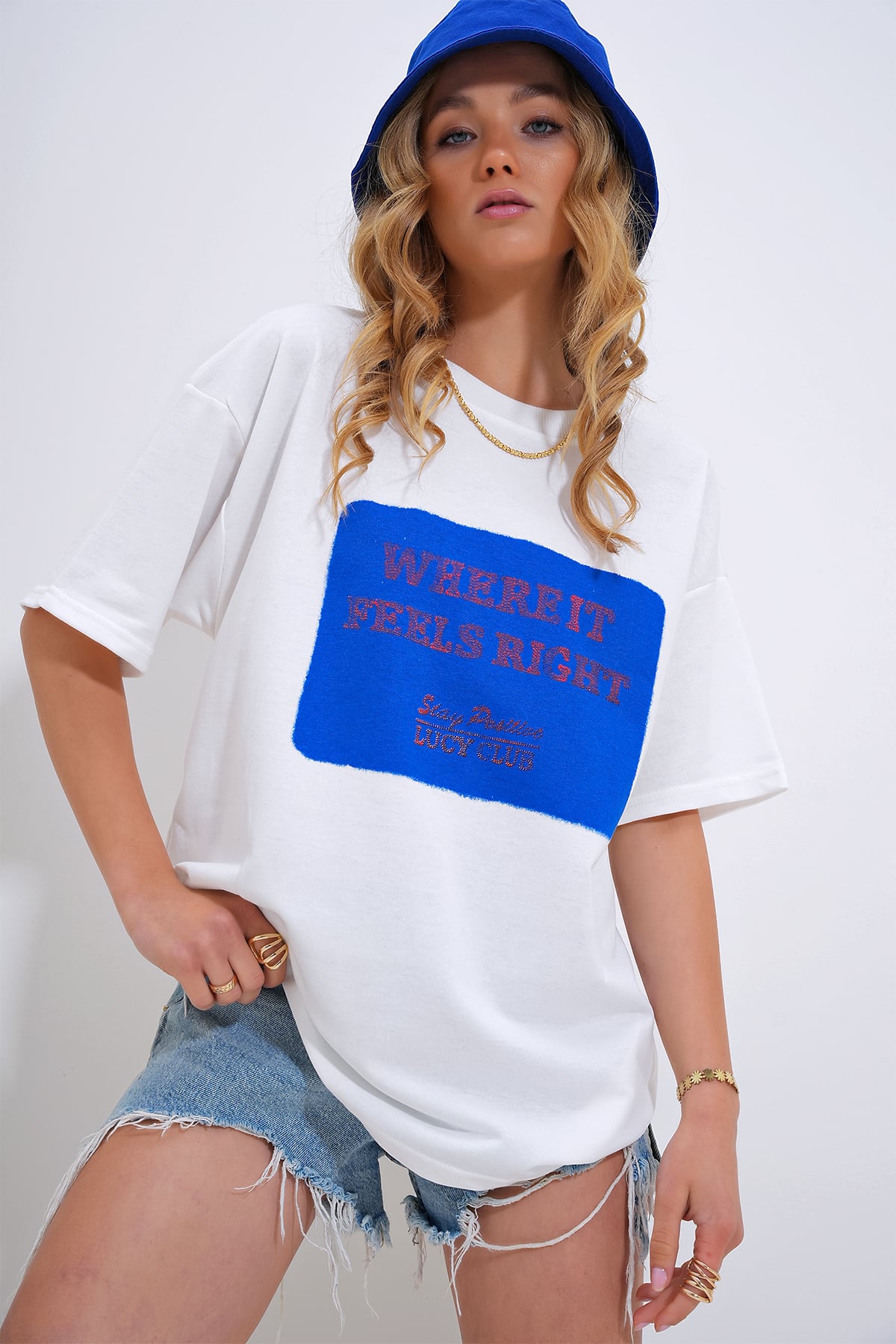 Bisiklet Yaka Baskılı Oversize T-Shirt - Mavi